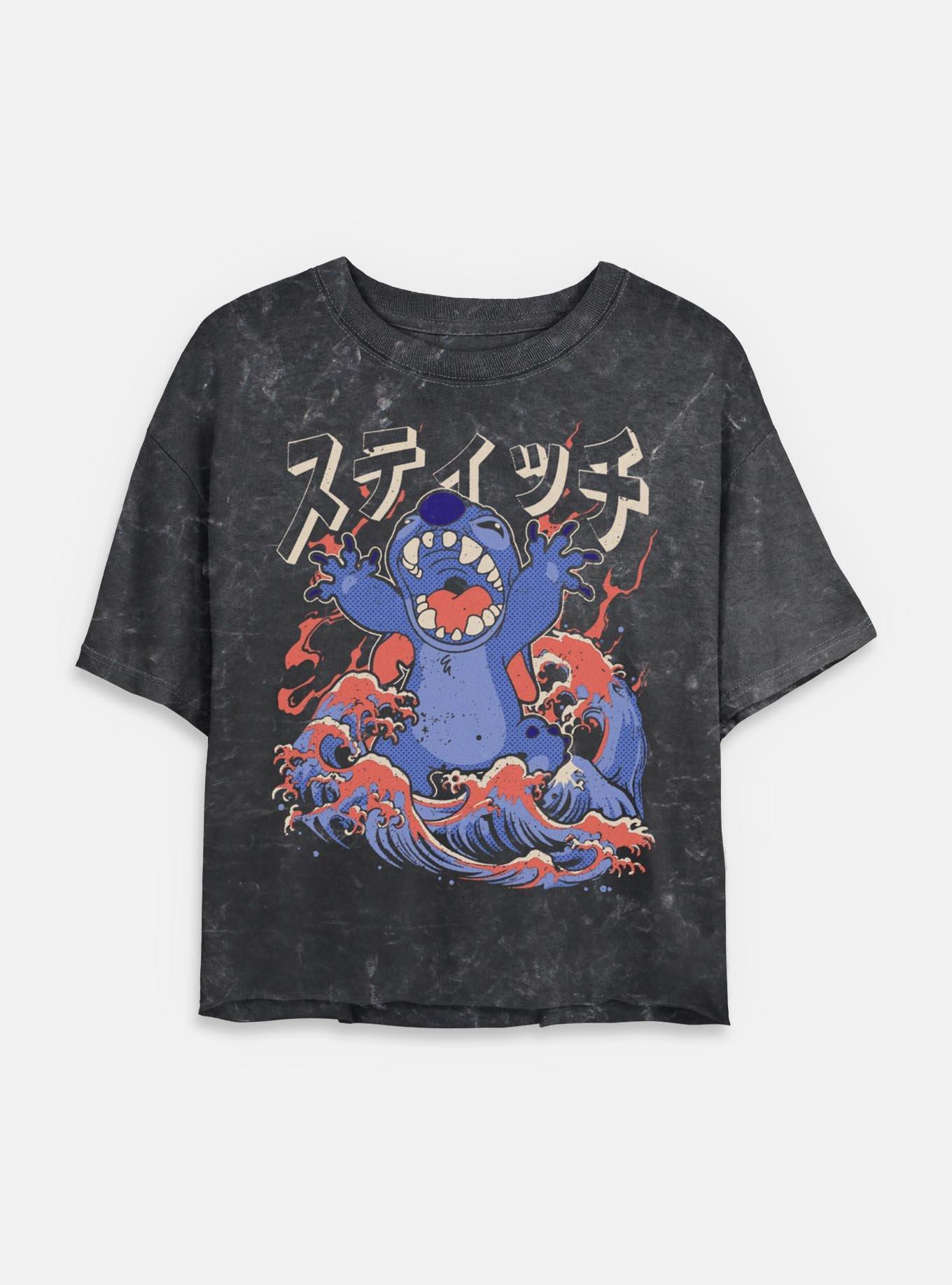 Disney Lilo & Stitch Kaiju Stitch Womens Mineral wash Crop T-Shirt BoxLunch Exclusive, BLACK, hi-res