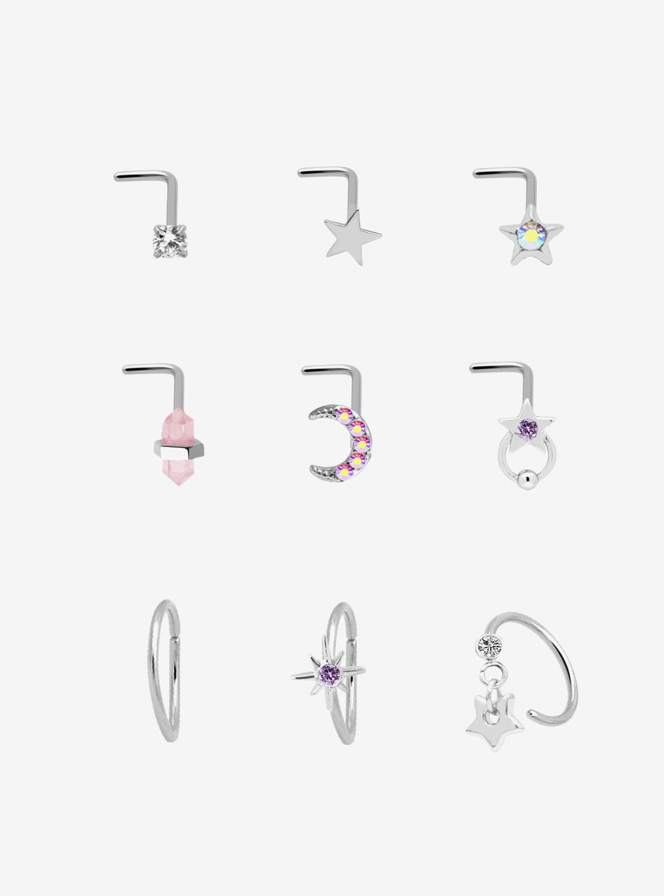 Steel Silver Star & Moon Gem Nose Stud & Hoop 9 Pack, , hi-res