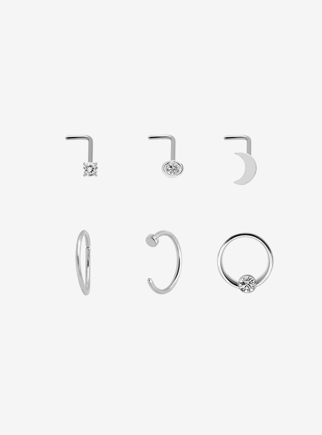 Steel Silver Moon & Gem Nose Stud & Hoop 6 Pack, MULTI, hi-res