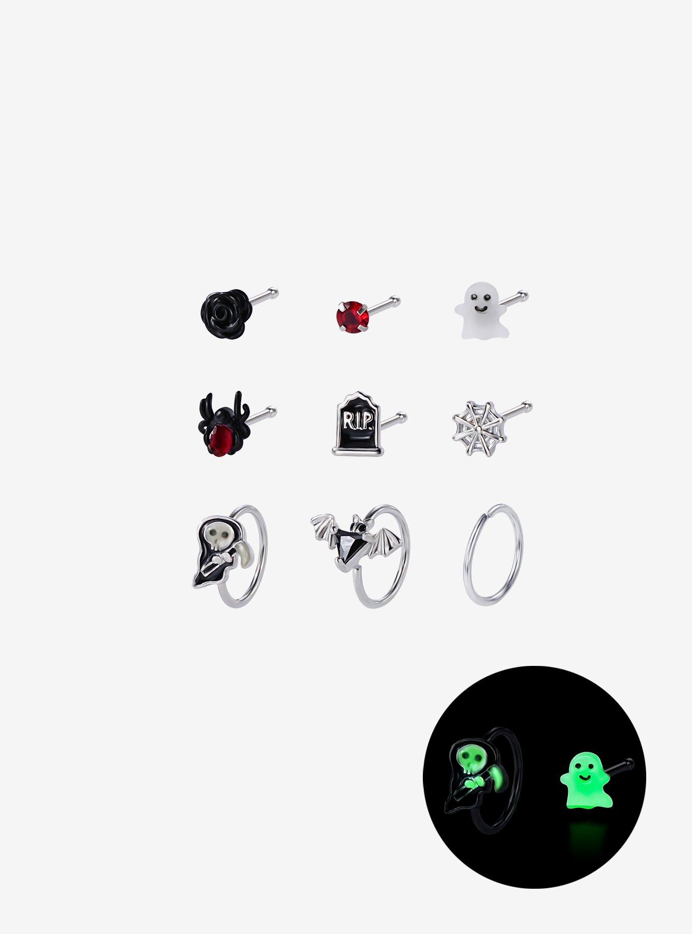 Steel Silver Goth Ghost & Reaper Glow-In-The-Dark Nose Stud & Hoop 9 Pack, , hi-res