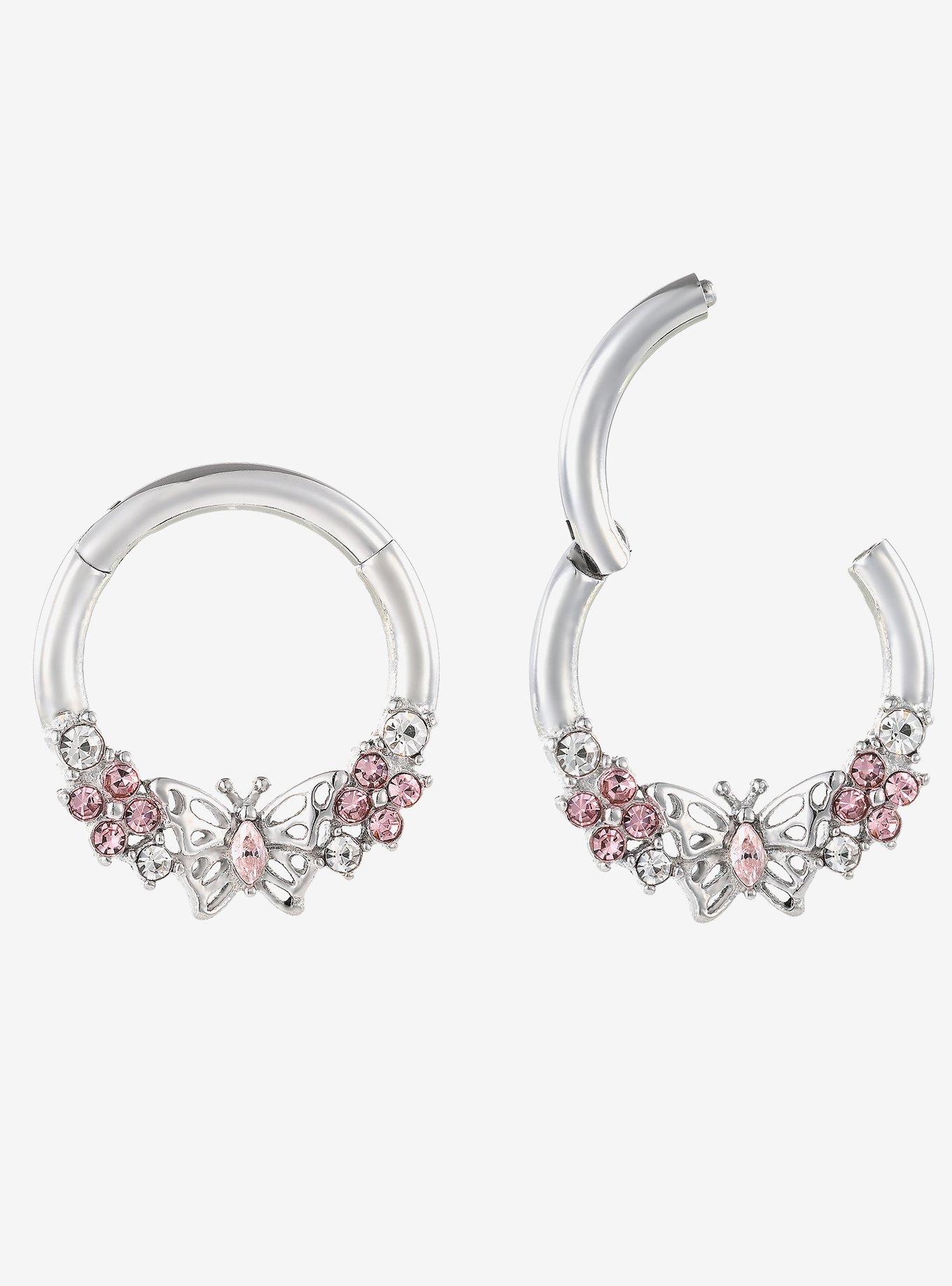 Steel Silver Butterfly Pink Gem Hinged Clicker, MULTI, hi-res