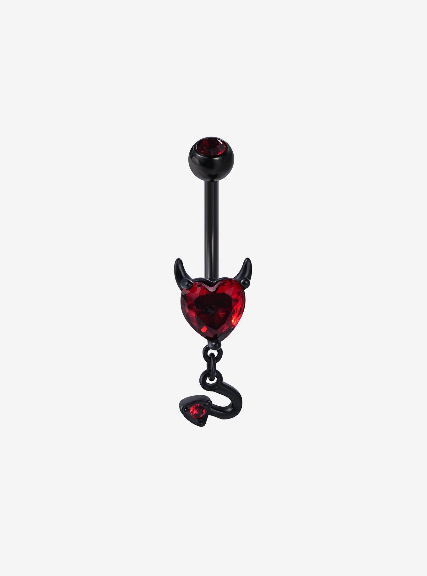 14G Steel Black Devil Heart Navel Barbell, , hi-res