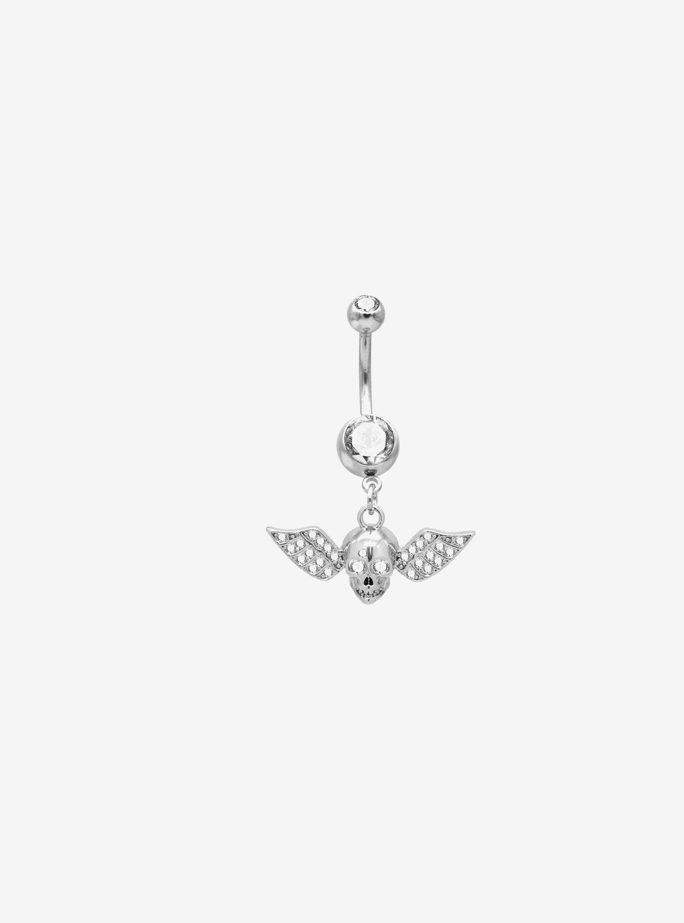 14G Steel Winged Skull Navel Barbell, , hi-res
