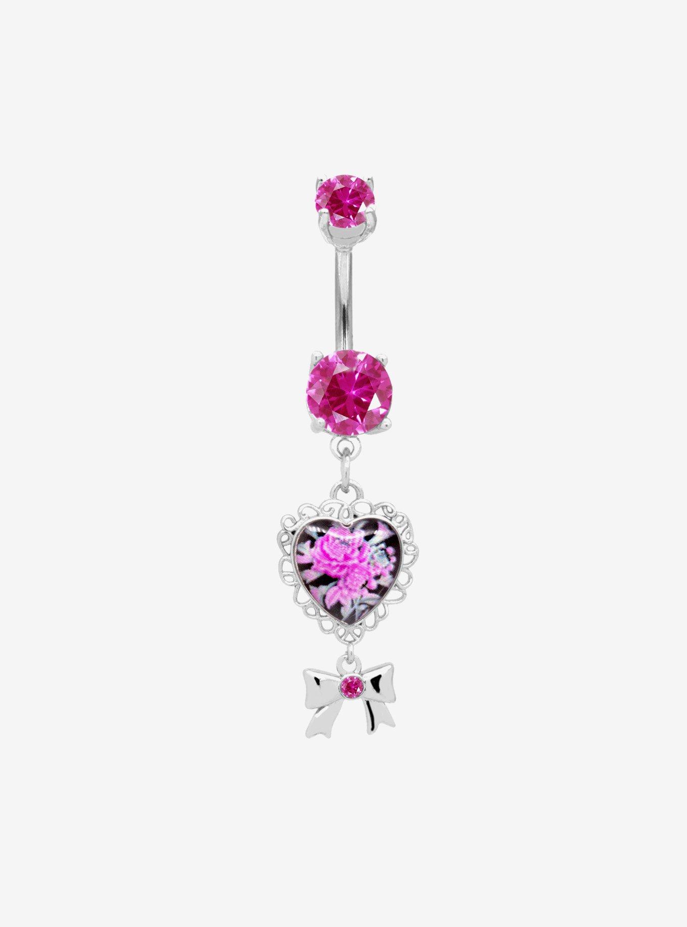14G Steel Pink Heart Rose Navel Barbell, , hi-res