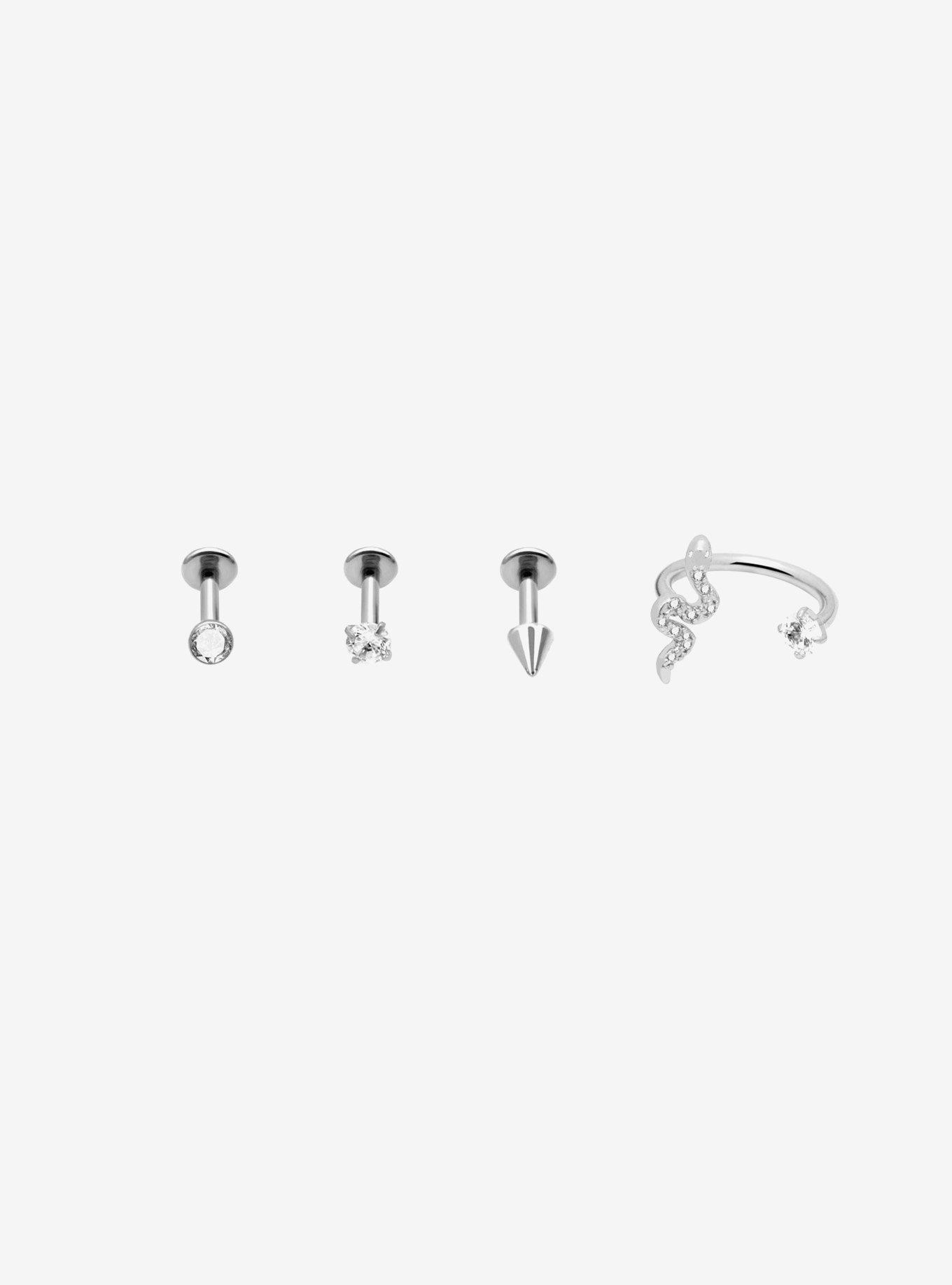 Steel Silver Snake & Spike Labret Stud & Lip Ring 4 Pack, , hi-res