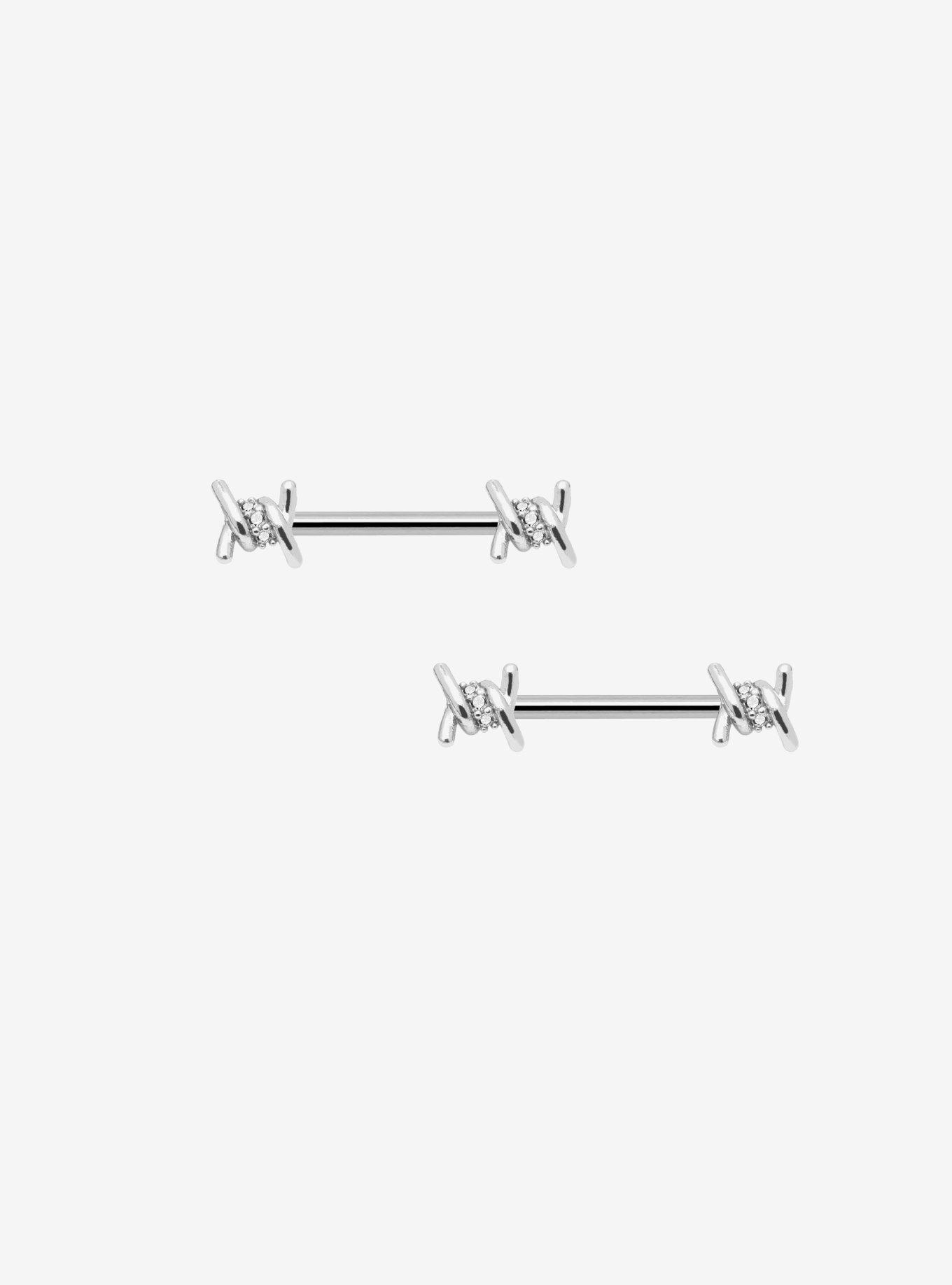 14G Steel Silver Barbed Wire Nipple Barbell 2 Pack, , hi-res