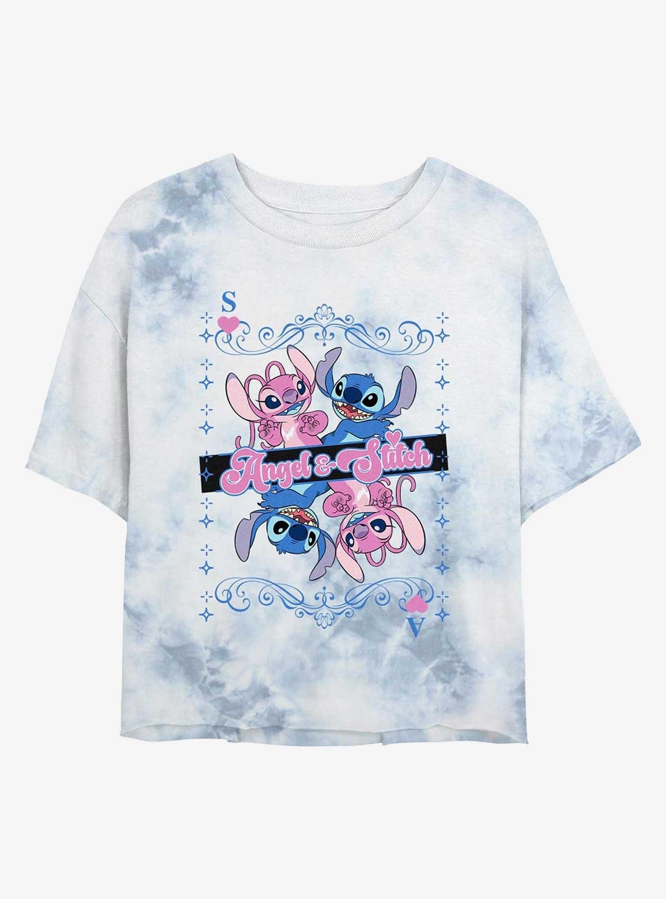 Disney Lilo & Stitch Angel And Stitch Card Girls Tie-Dye Crop T-Shirt, , hi-res