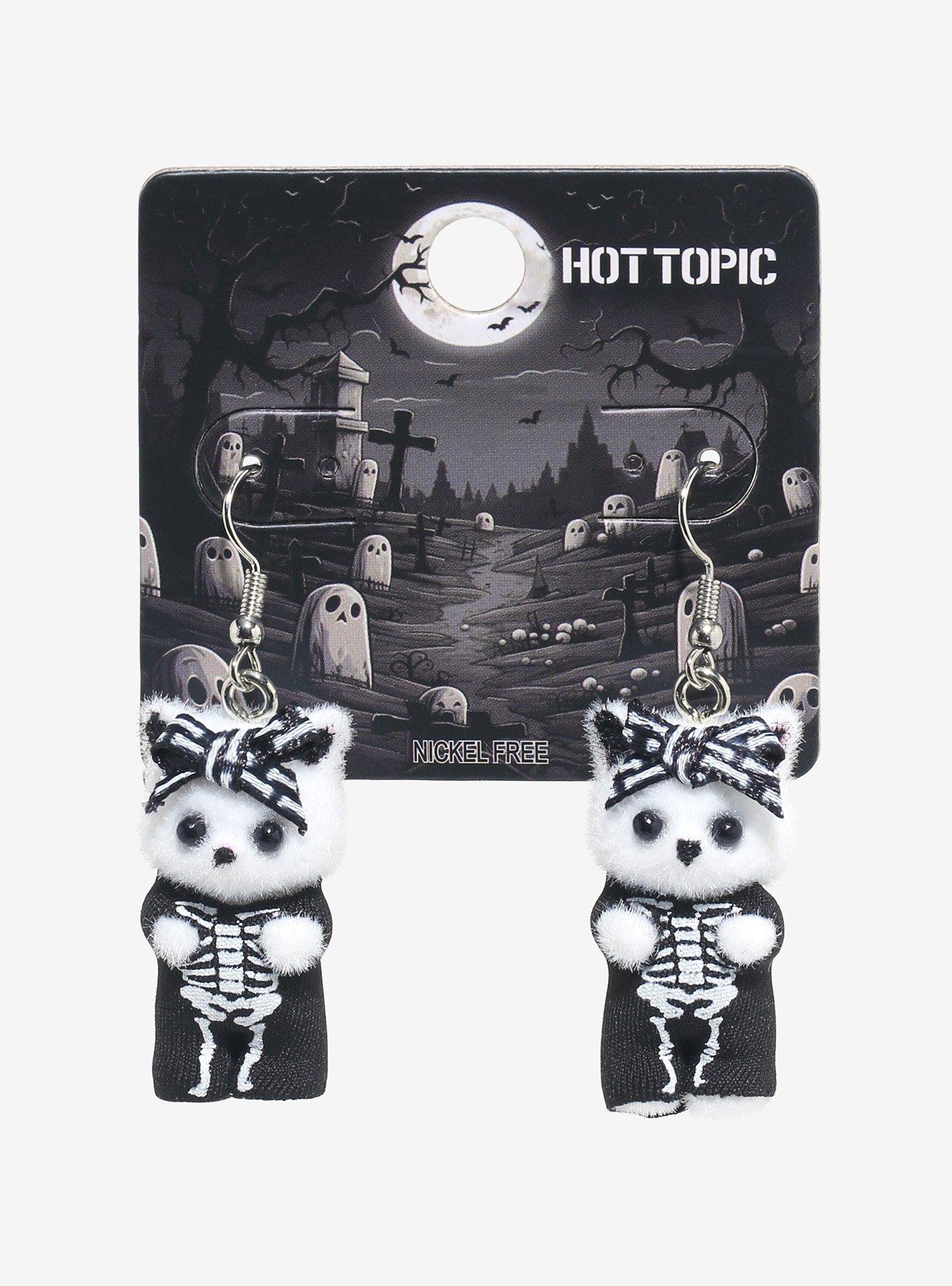 Skeleton Kitty Fuzzy Figural Earrings, , hi-res