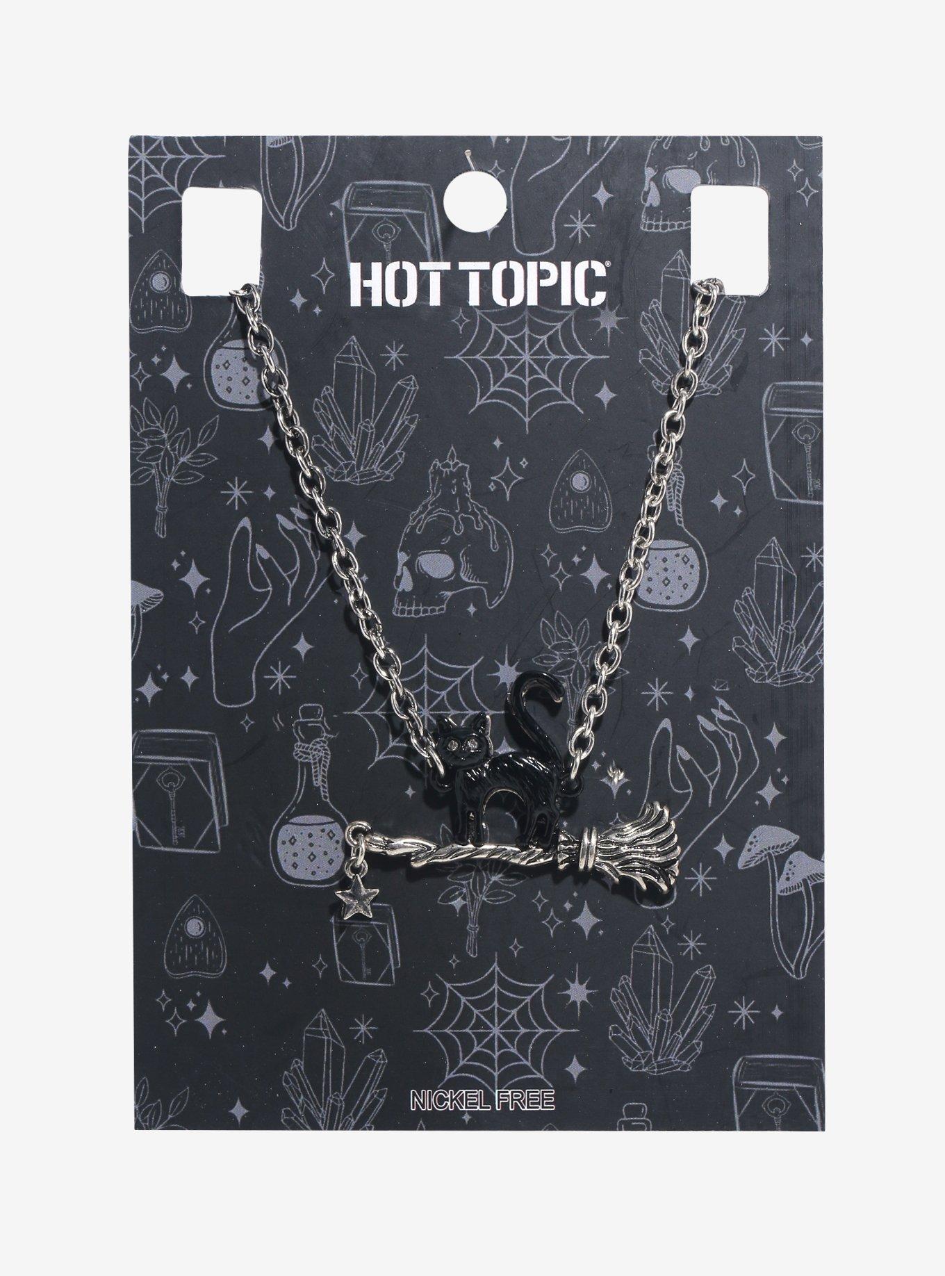 Black Cat Broomstick Pendant Necklace, , hi-res
