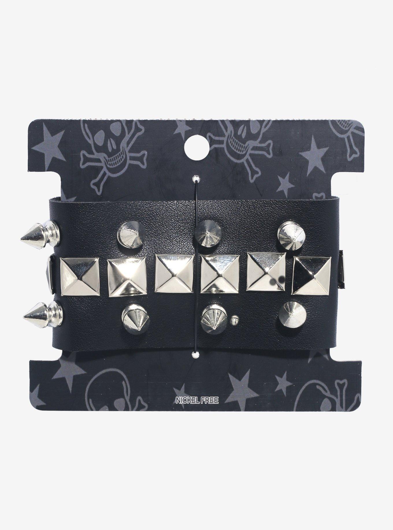 Pyramid Spike Faux Leather Cuff Bracelet, , hi-res