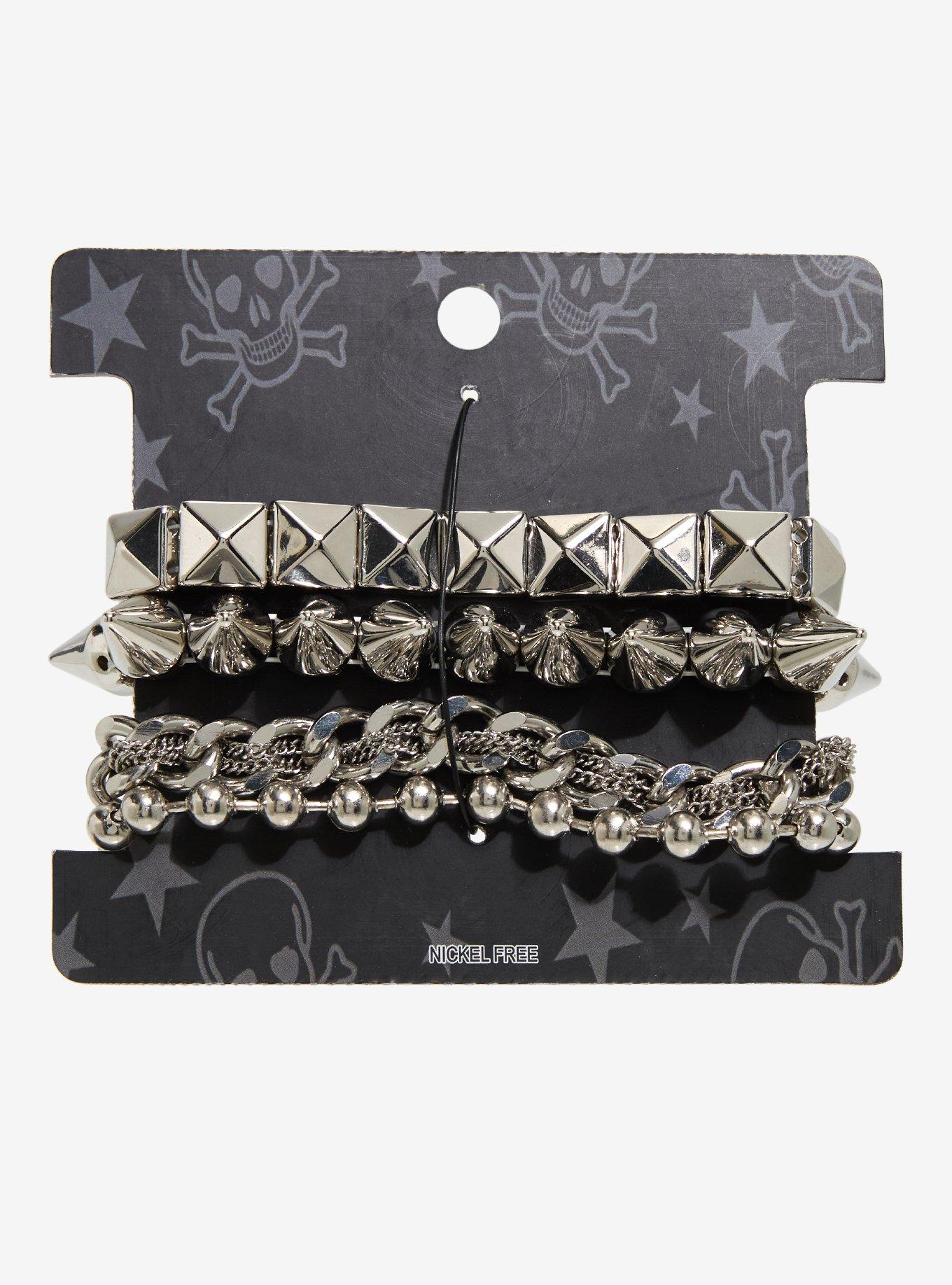 Pyramid Stud Spike Chain Bracelet Set, , hi-res