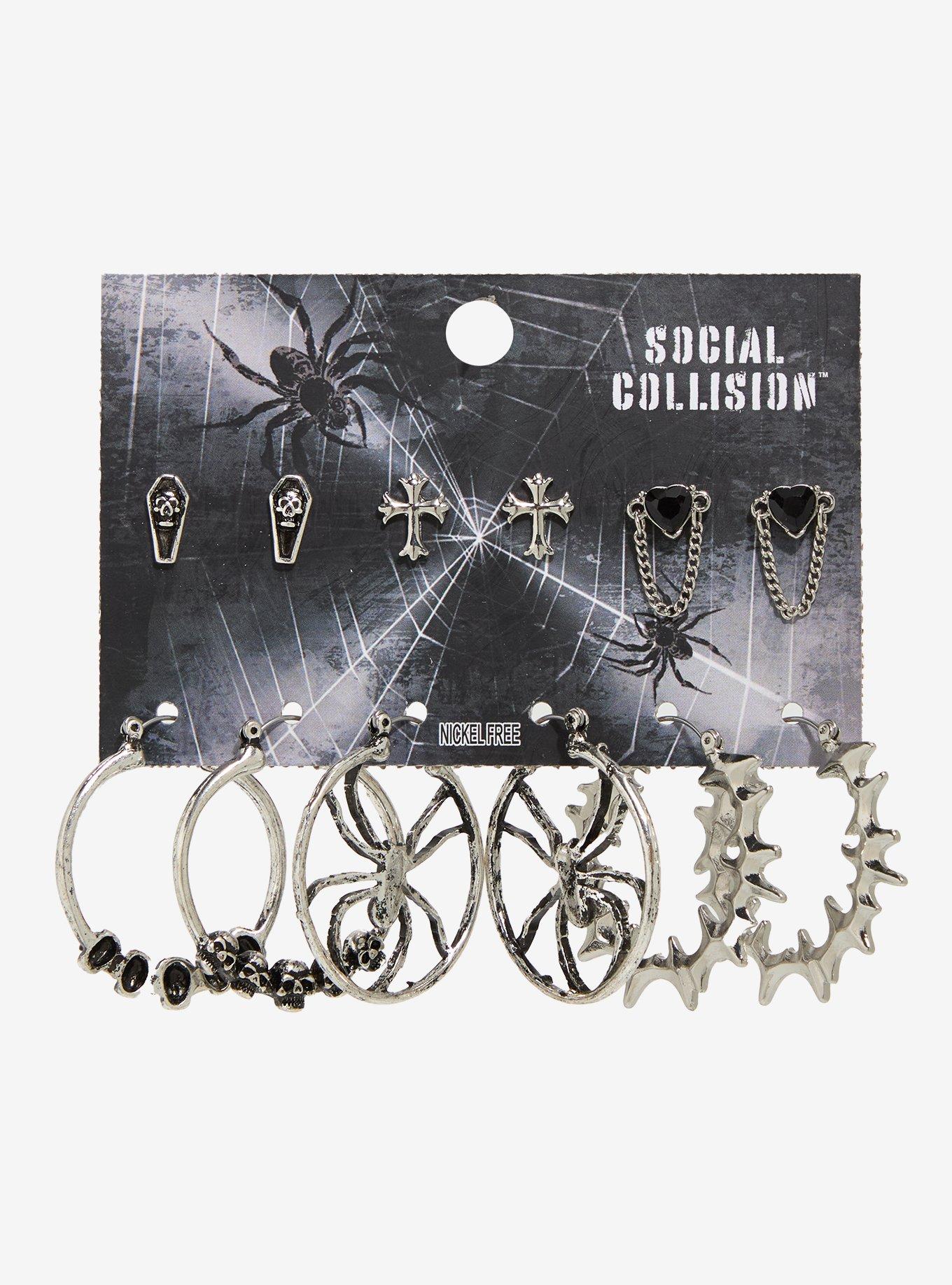 Social Collision Spider Cross Skull Earring Set, , hi-res