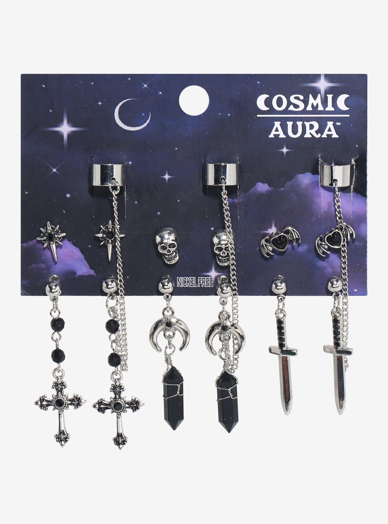 Cosmic Aura Gothic Celestial Crystal Cuff Earring Set, , hi-res