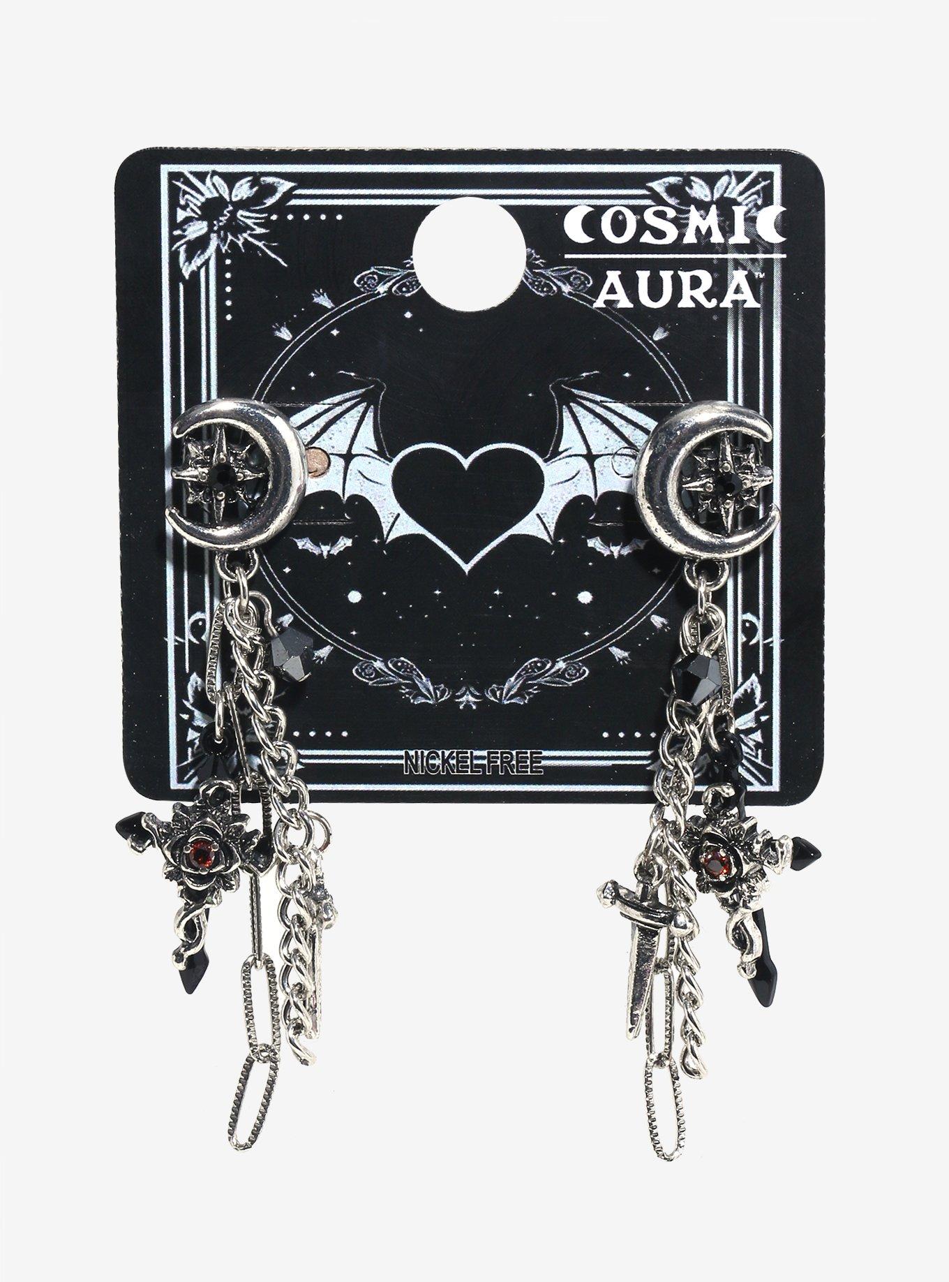 Cosmic Aura Moon Cross Chain Earrings, , hi-res