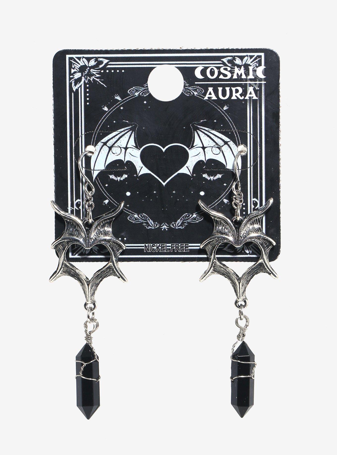 Cosmic Aura Batwing Heart Faux Crystal Earrings, , hi-res