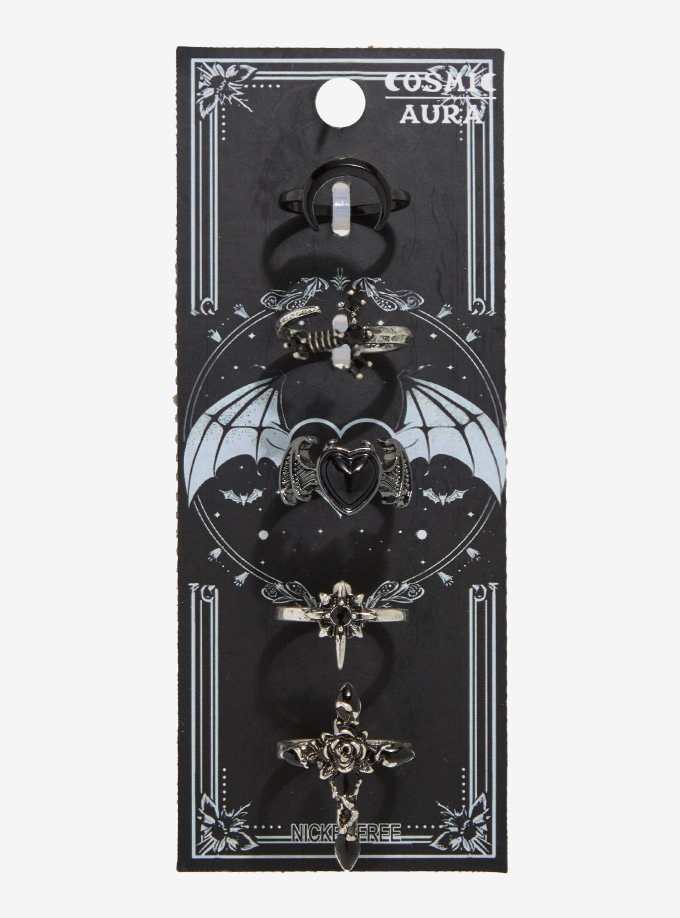 Cosmic Aura Gothic Cross Heart Moon Ring Set, , hi-res