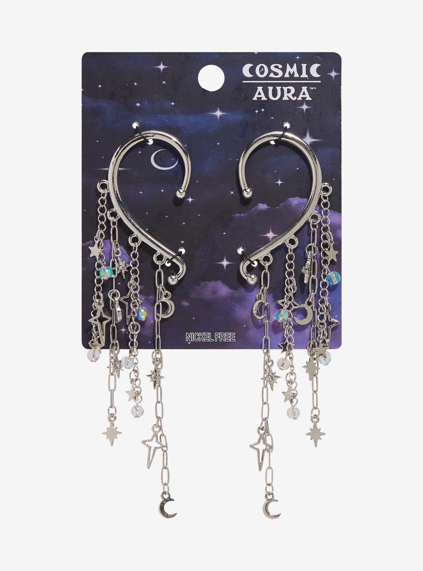 Cosmic Aura Star Moon Chain Drop Ear Cuffs, , hi-res