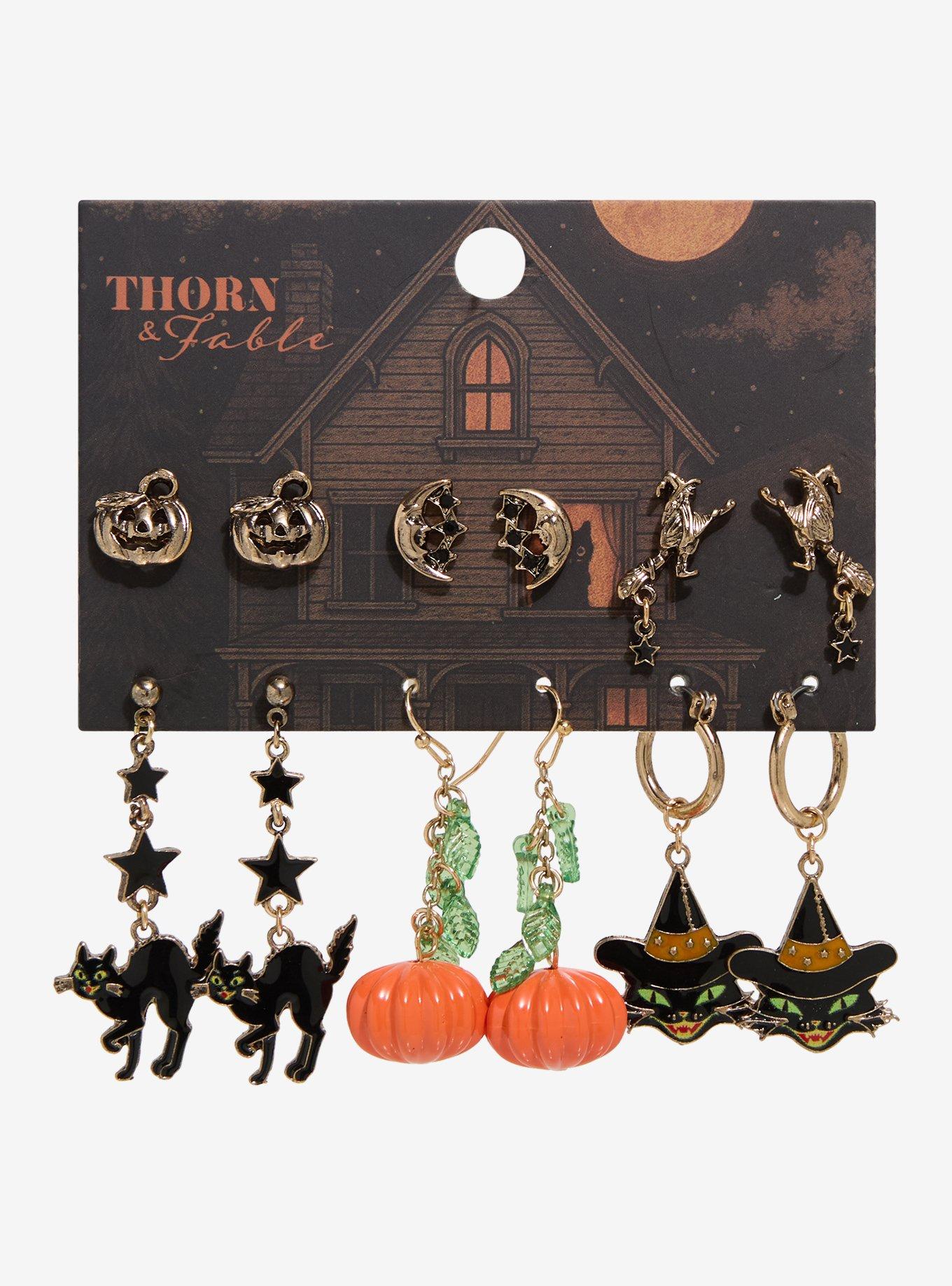 Thorn & Fable Black Cat Pumpkin Earring Set, , hi-res