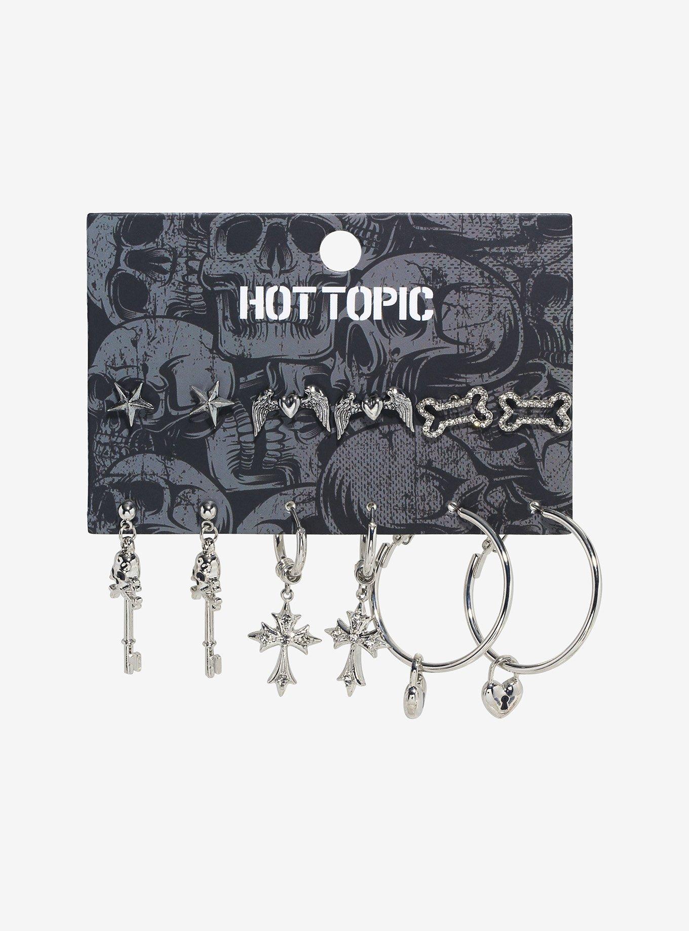 Skeleton Key Heart Locket Cross Earring Set, , hi-res