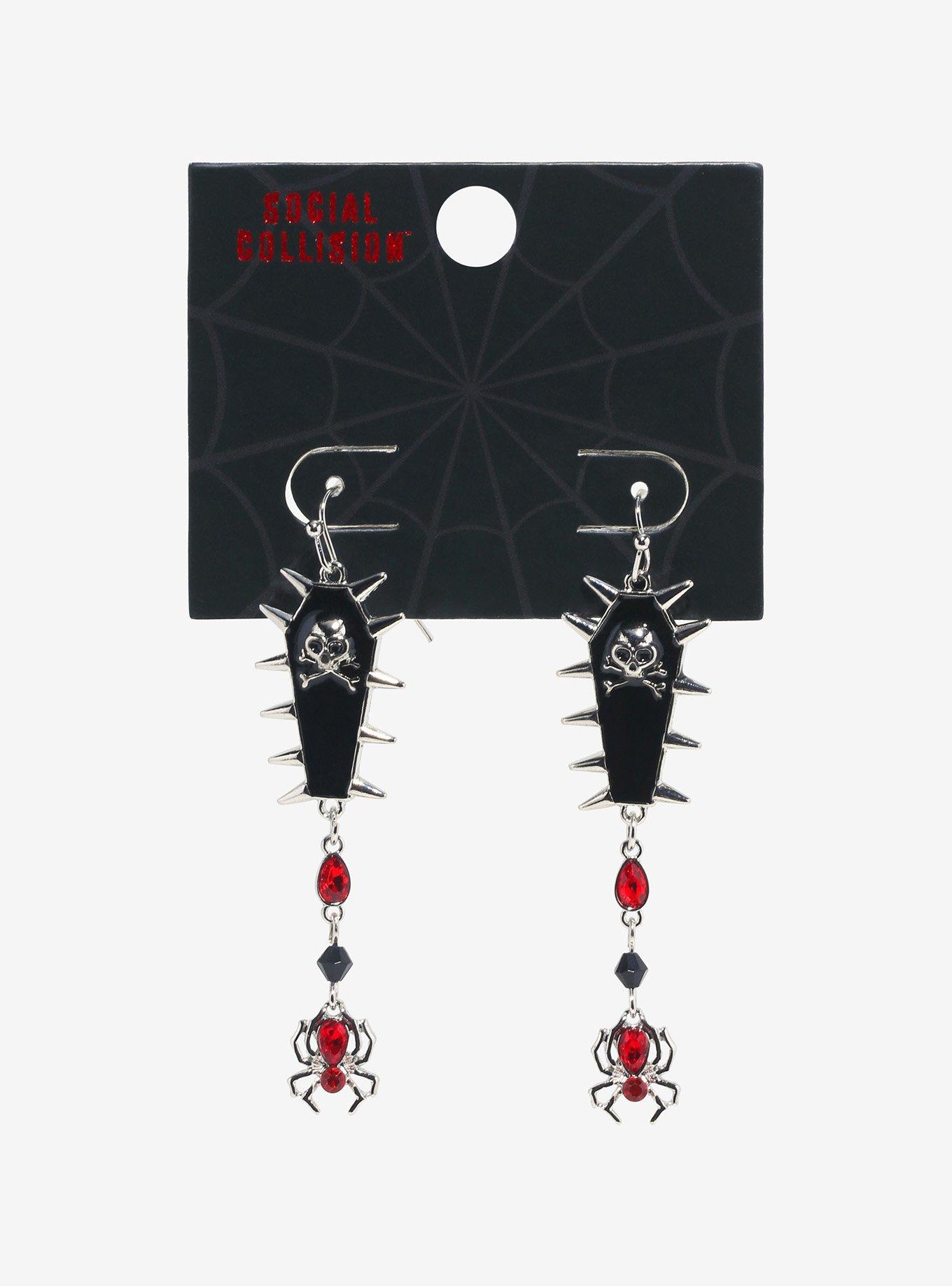Social Collision Spike Coffin Spider Earrings, , hi-res