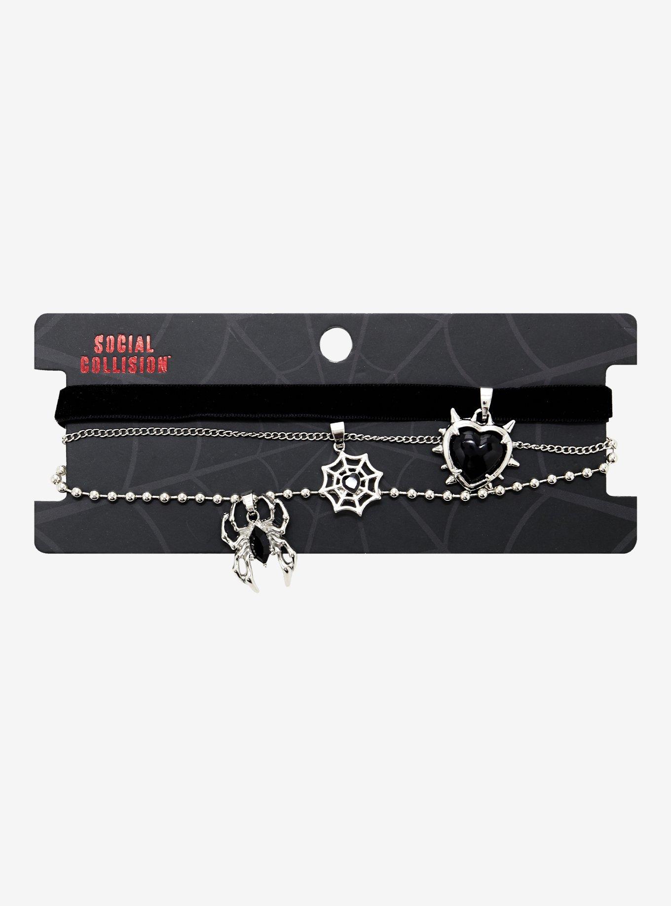 Social Collision Spider Black Heart Choker Necklace Set, , hi-res