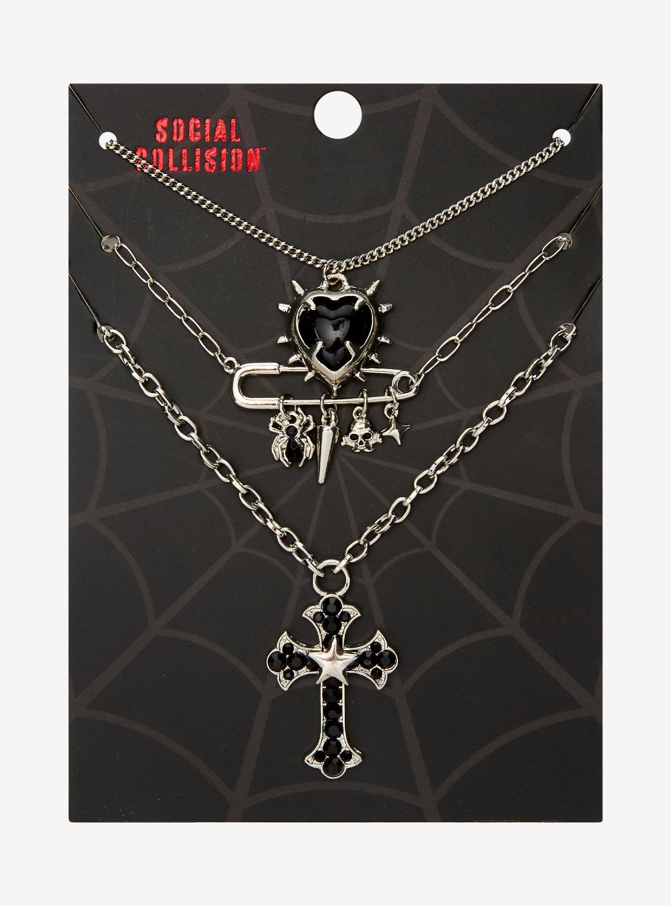 Social Collision Spider Safety Pin Cross Necklace Set, , hi-res