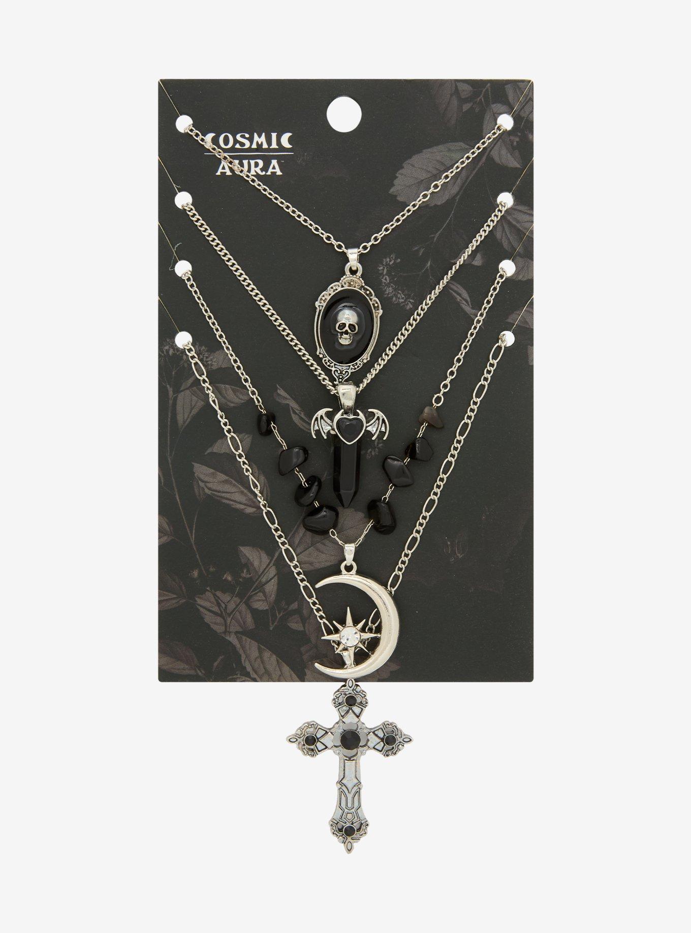 Cosmic Aura Skull Portrait Faux Crystal Necklace Set, , hi-res
