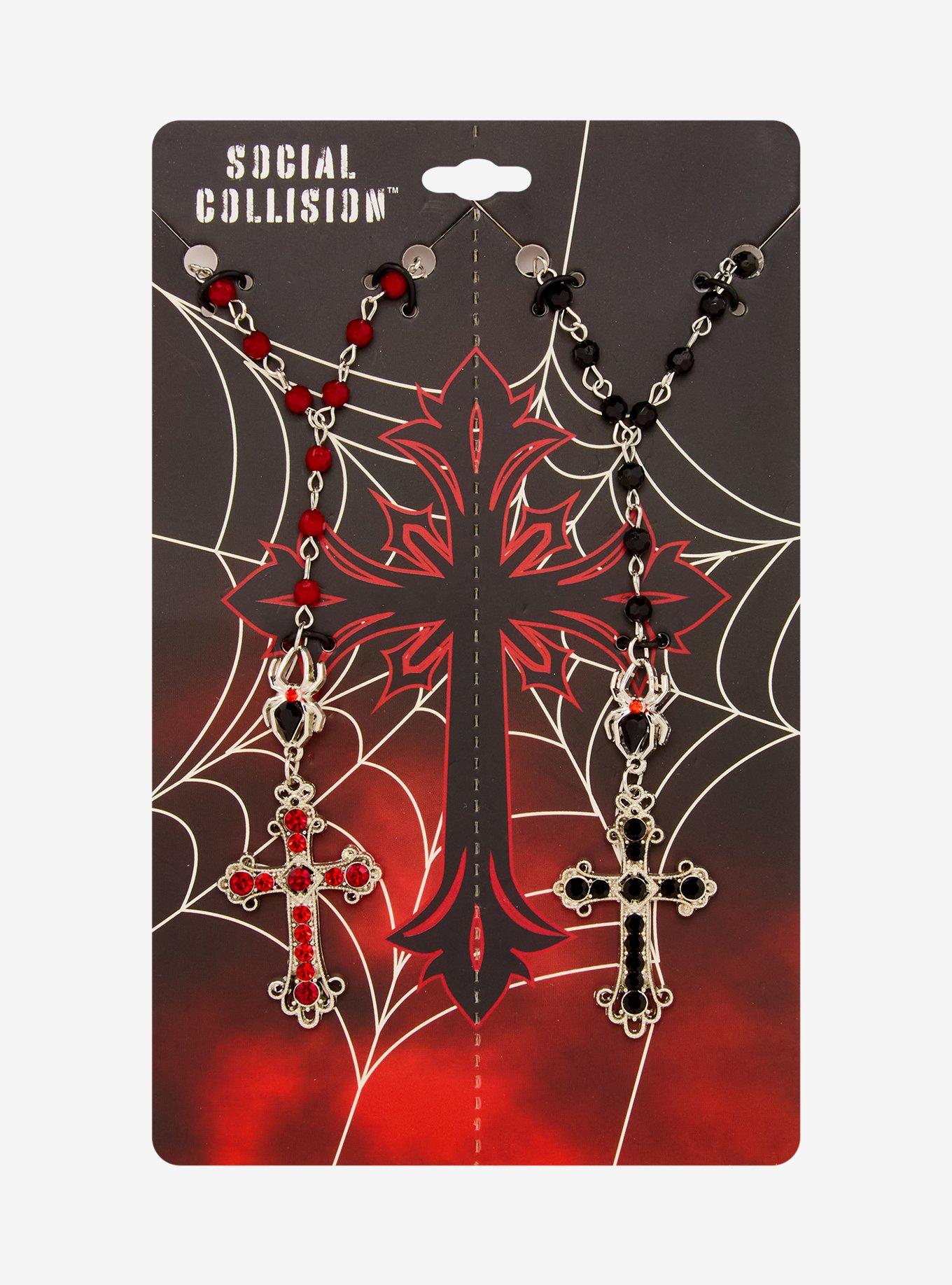 Social Collision Bling Spider Cross Rosary Best Friend Necklace Set, , hi-res