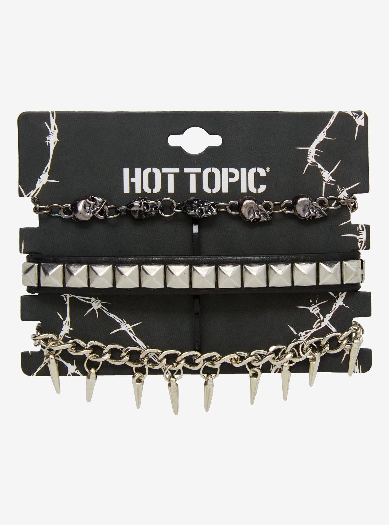 Pyramid Stud Skull Spike Bracelet Set, , hi-res