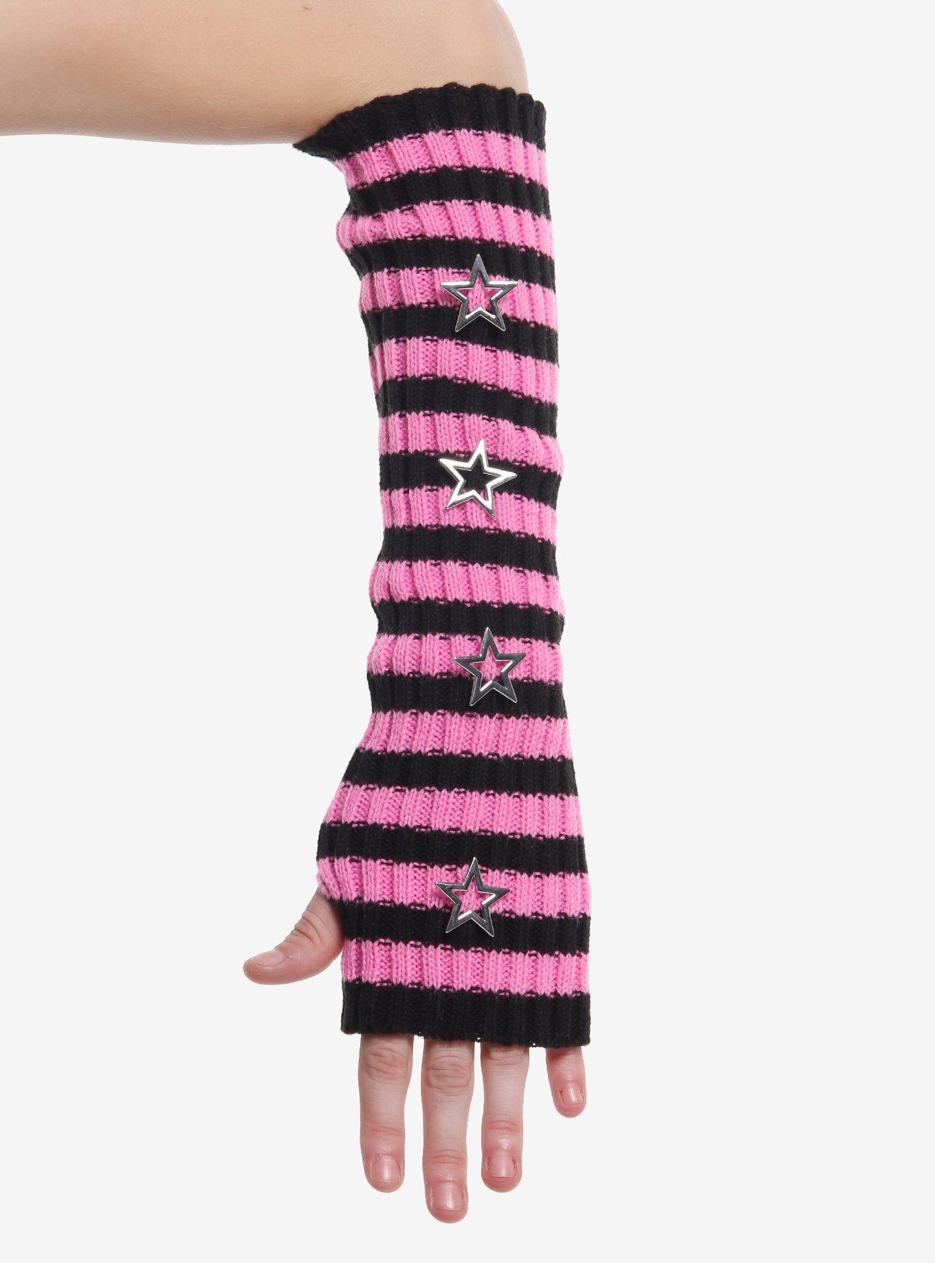 Black & Pink Stripe Star Stud Arm Warmers, , hi-res