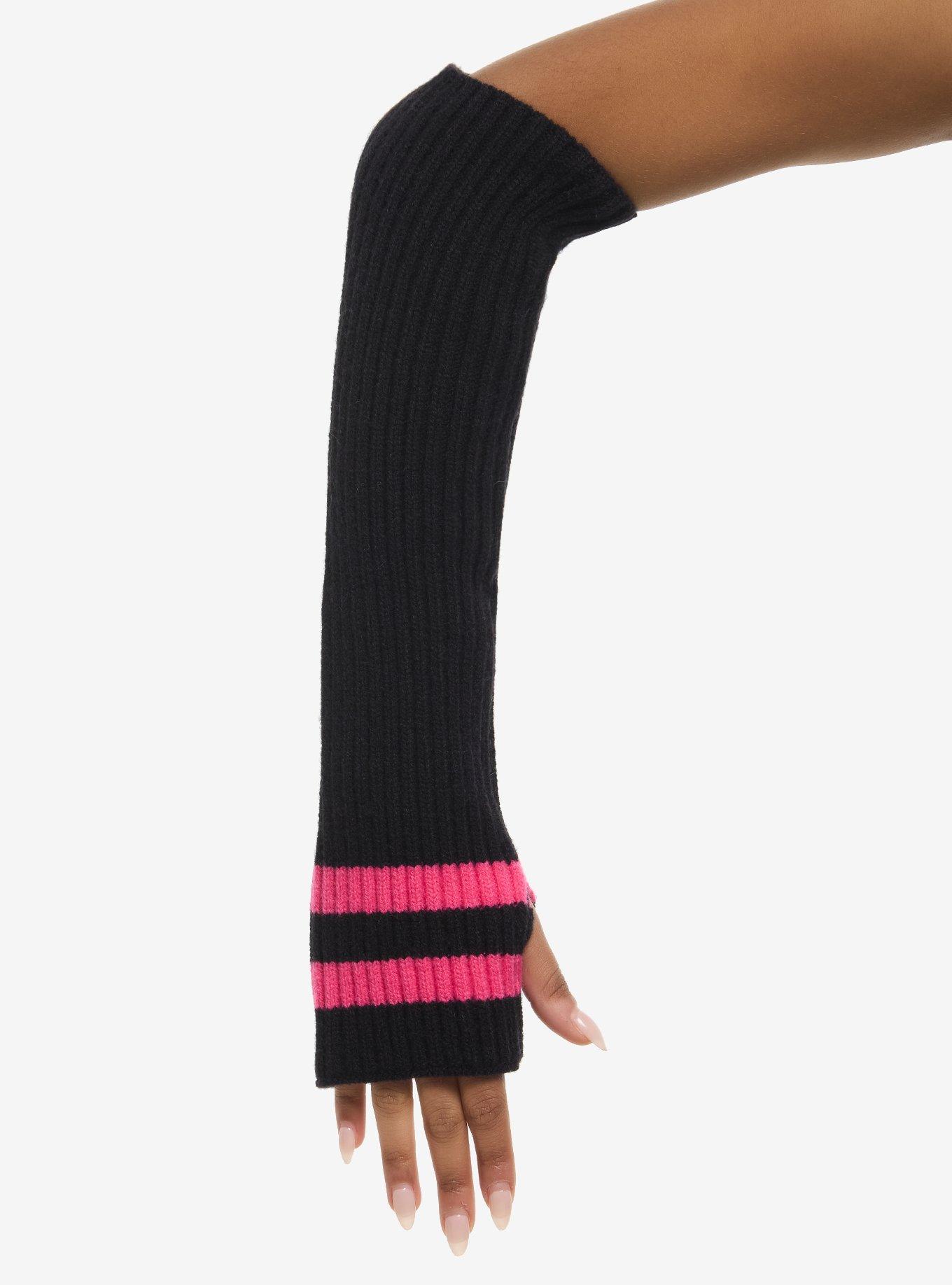 Black & Pink Varsity Stripe Ribbed Arm Warmers, , hi-res