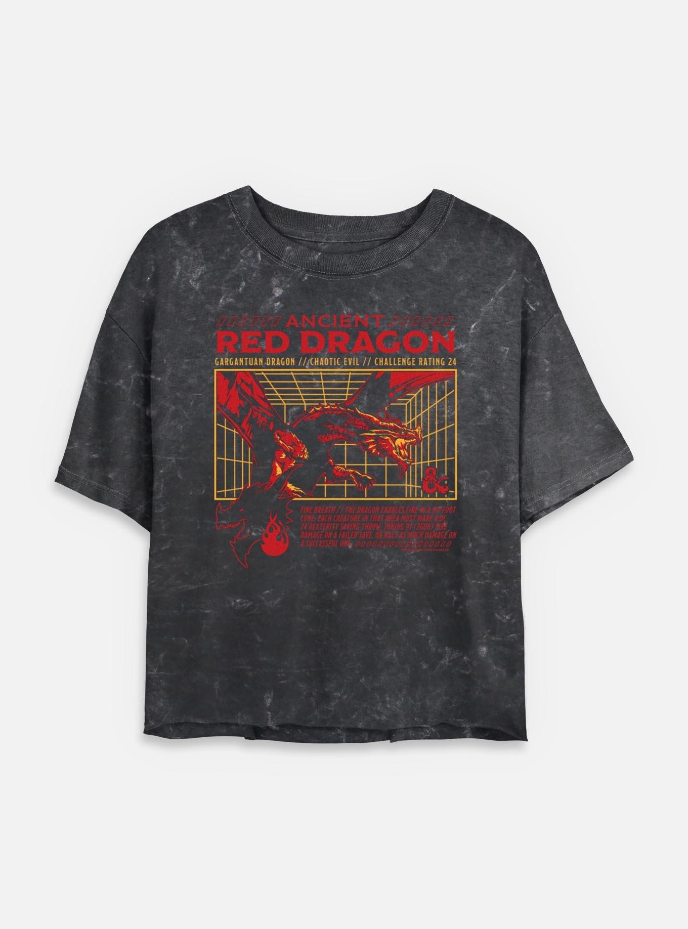 Dungeons & Dragons Ancient Red Dragon Stats Mineral Wash Womens Crop T-Shirt, BLACK, hi-res