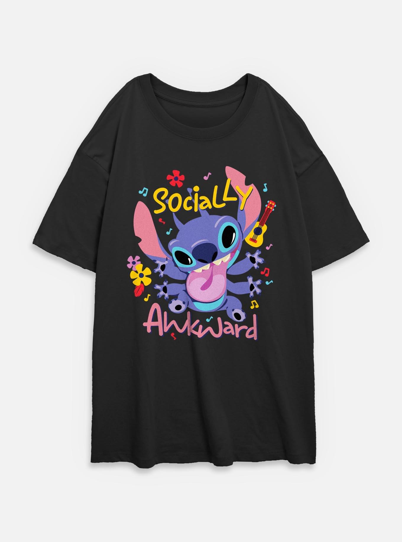 Disney Lilo & Stitch Socially Awkward Womens Oversized T-Shirt, BLACK, hi-res