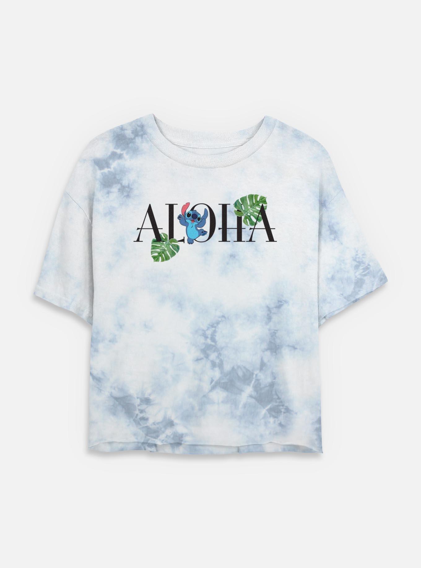 Disney Lilo & Stitch Aloha Leaves Womens Tie-Dye Crop T-Shirt, WHITEBLUE, hi-res