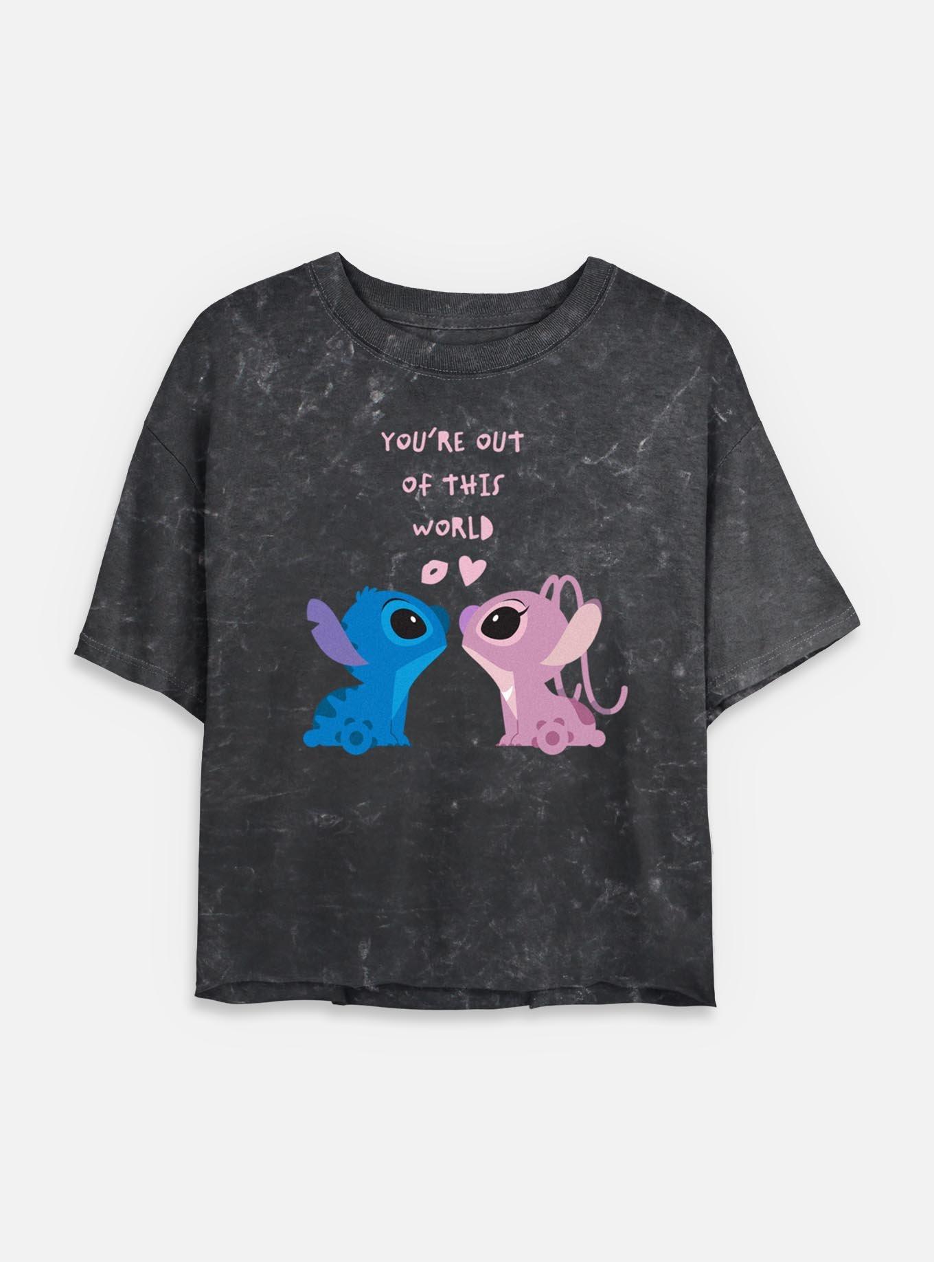Disney Lilo & Stitch Out Of This World Angel & Stitch Womens Mineral Wash Crop T-Shirt, BLACK, hi-res