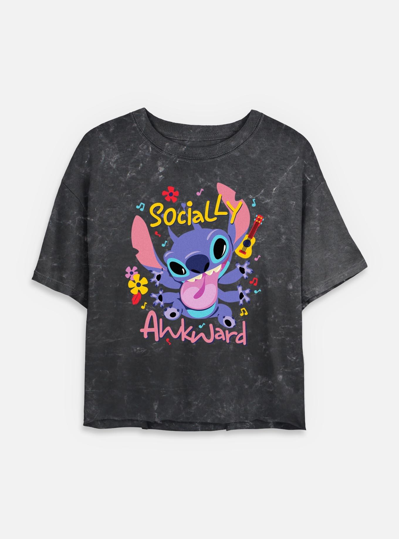 Disney Lilo & Stitch Socially Awkward Womens Mineral Wash Crop T-Shirt, BLACK, hi-res