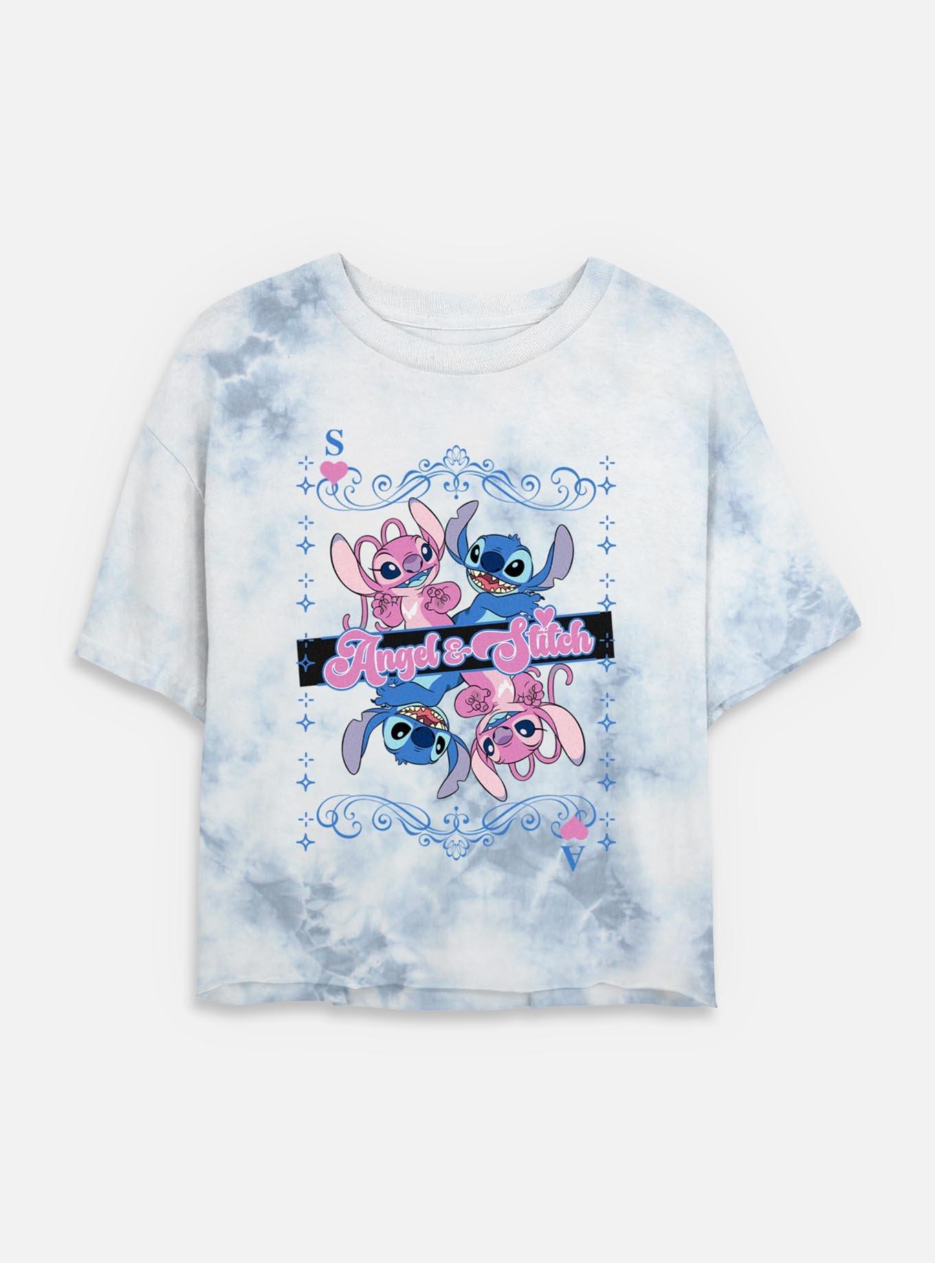 Disney Lilo & Stitch Angel And Stitch Card Womens Tie-Dye Crop T-Shirt, WHITEBLUE, hi-res
