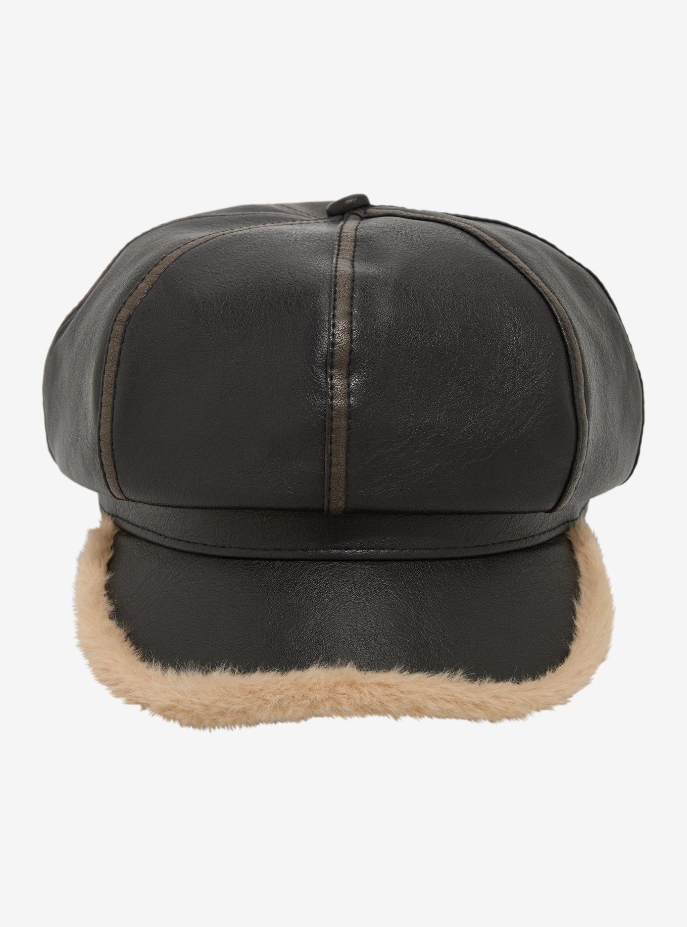 Dark Brown Fur Trim Faux Leather Cabbie Hat, , hi-res