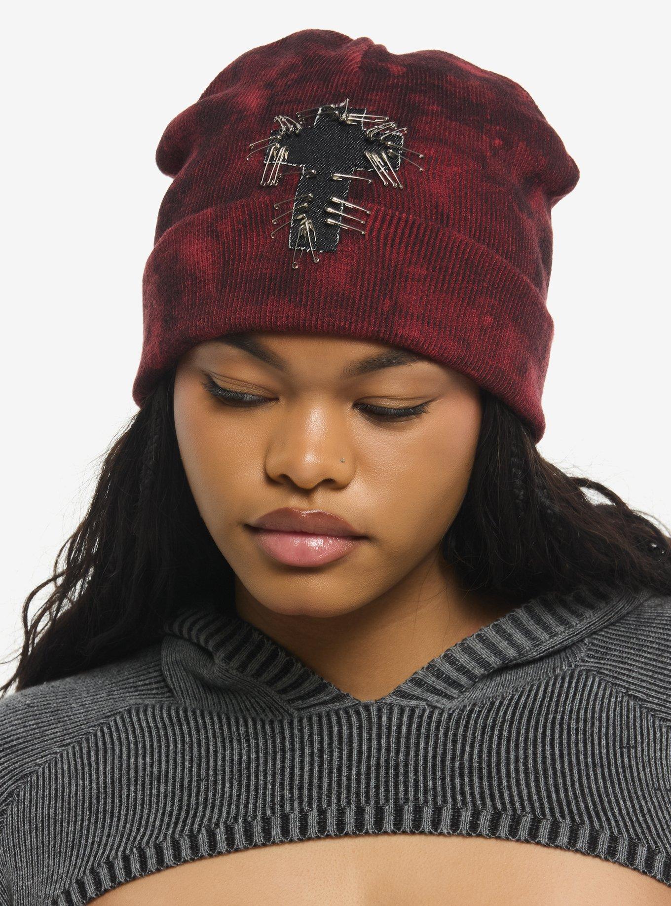 Red Tie-Dye Safety Pin Cross Patch Beanie, , hi-res