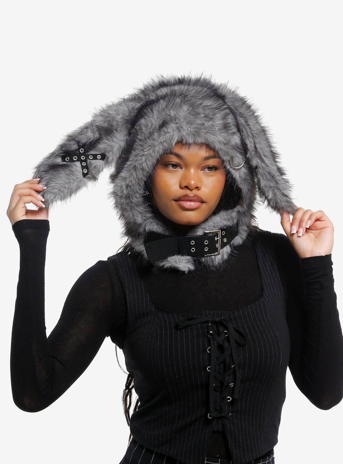 Grey Bunny Buckle Fuzzy Hood, , hi-res