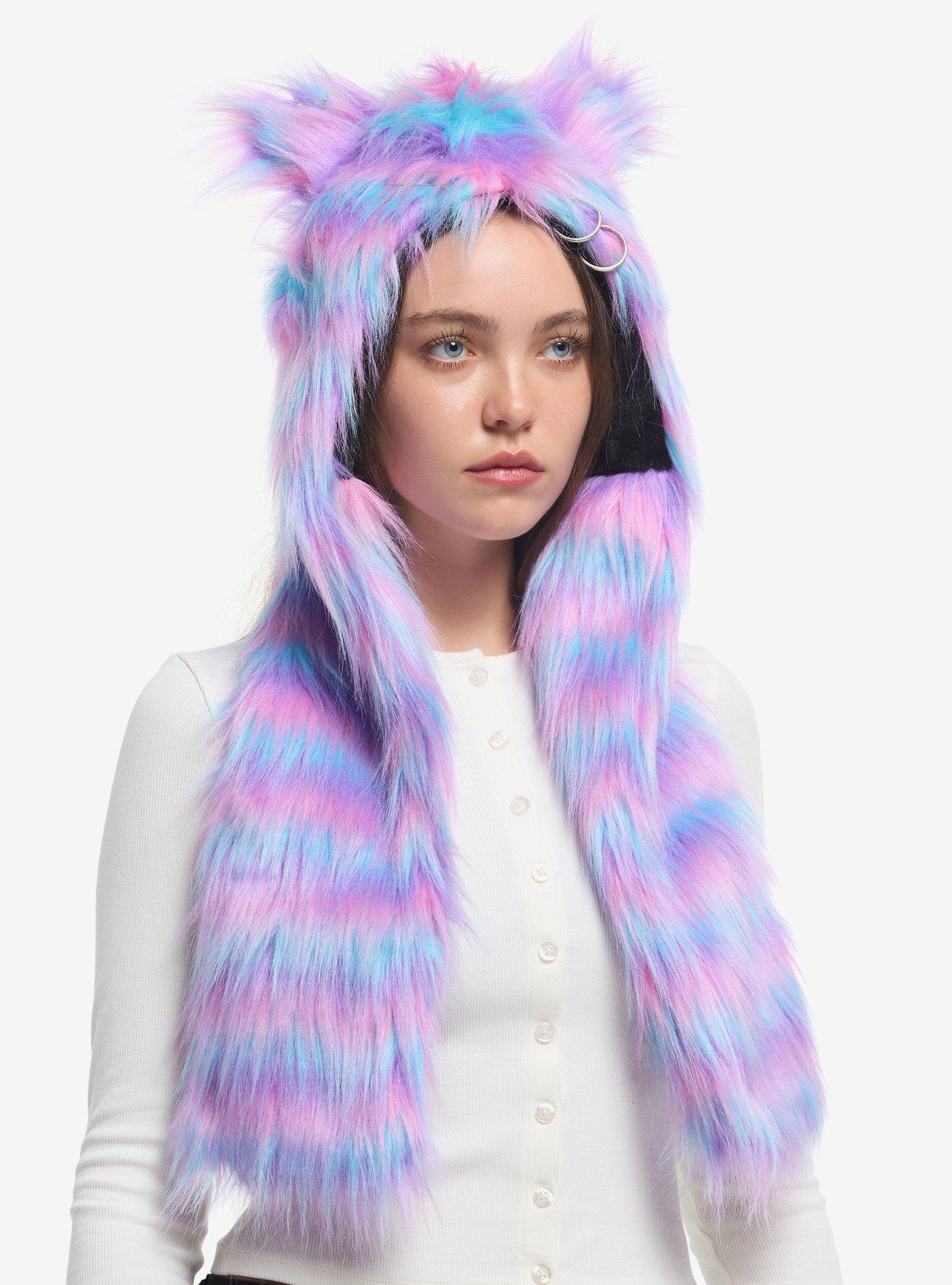 Pastel Pink Blue & Purple Fuzzy Pierced Cat Ear Tassel Beanie, , hi-res
