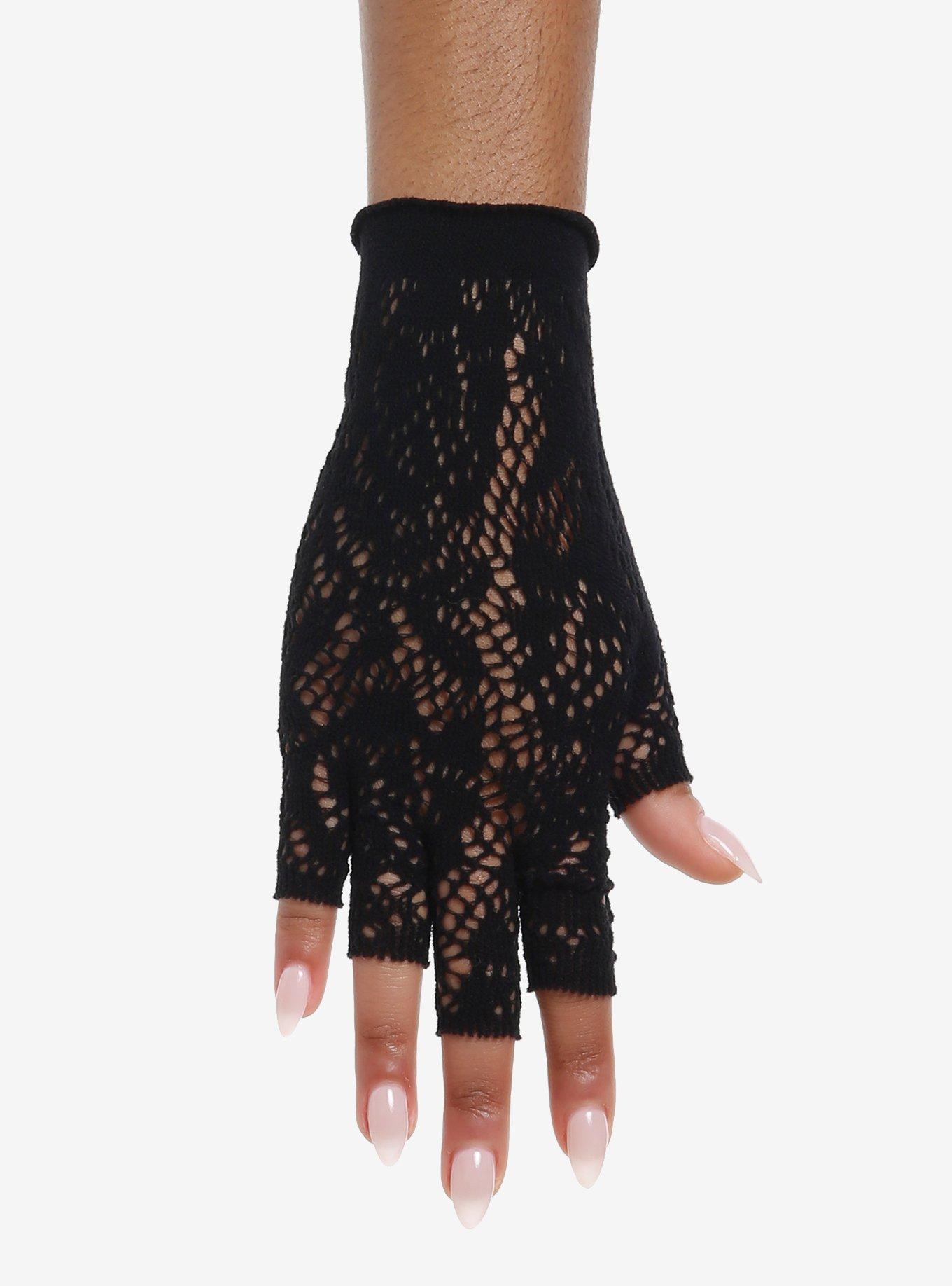 Black Lace Panel Fishnet Fingerless Gloves, , hi-res