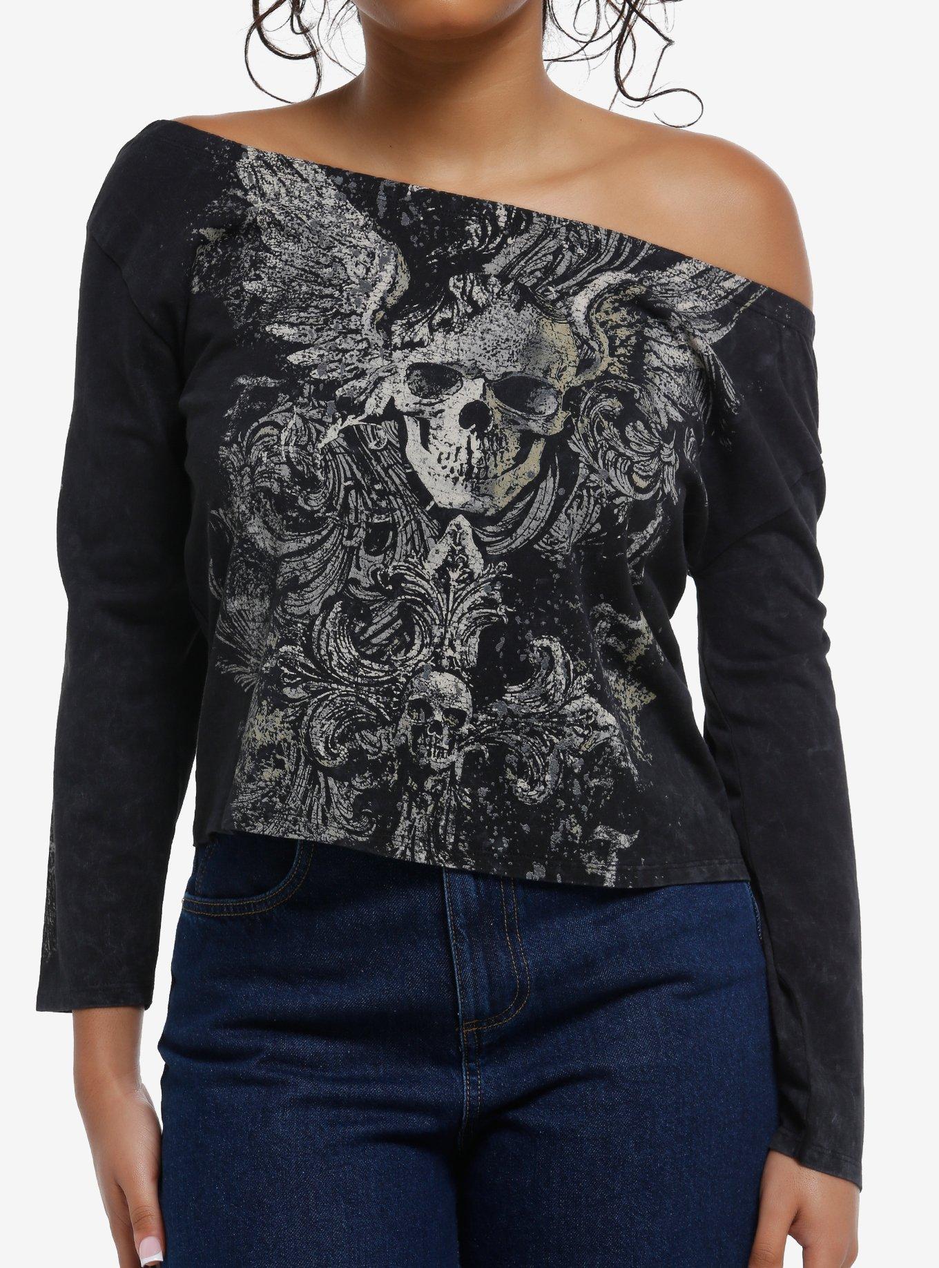Gothic Skull Cross Off-Shoulder Girls Long-Sleeve T-Shirt, , hi-res