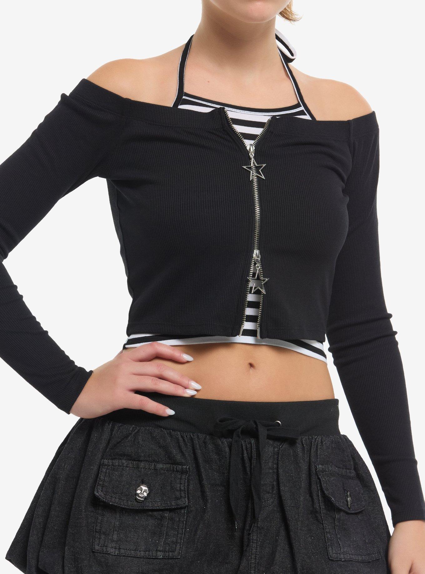 Social Collision Stripe Halter Girls Twofer Long-Sleeve Crop Top, , hi-res