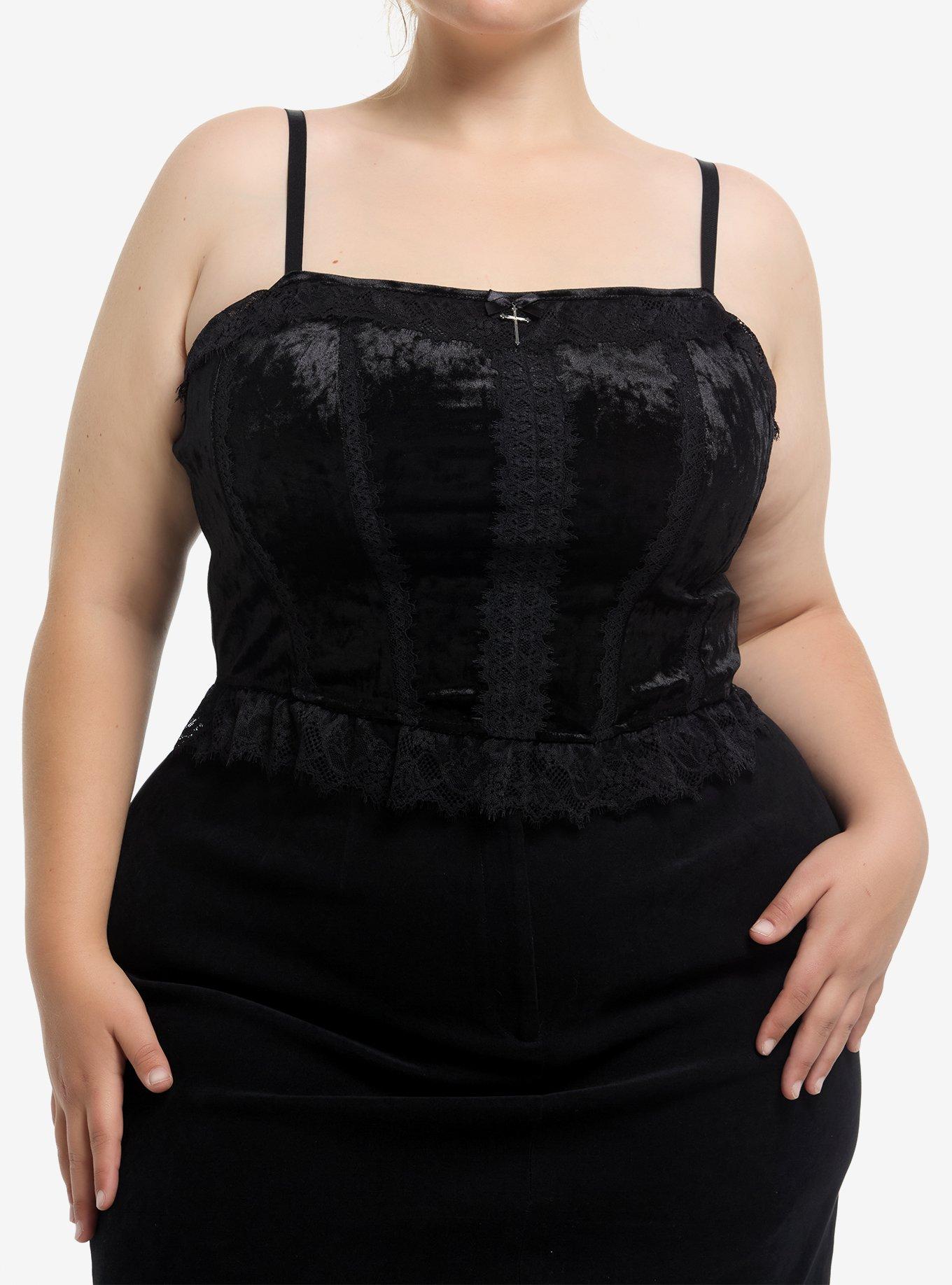 Thorn & Fable Black Velvet & Lace Cross Charm Corset Tank Top Plus Size, , hi-res