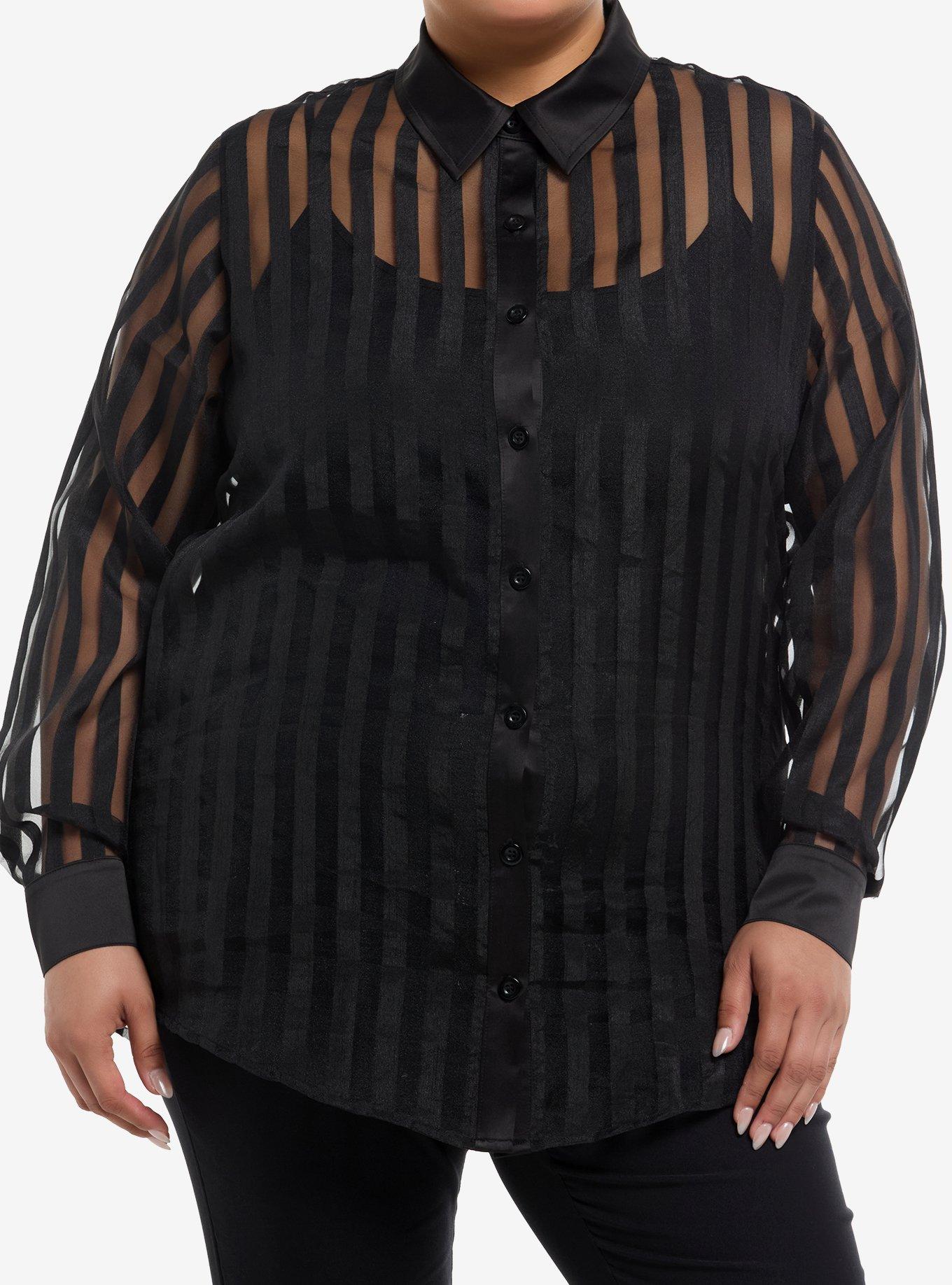 Black Sheer Shadow Stripe Girls Woven Button-Up Plus Size, , hi-res