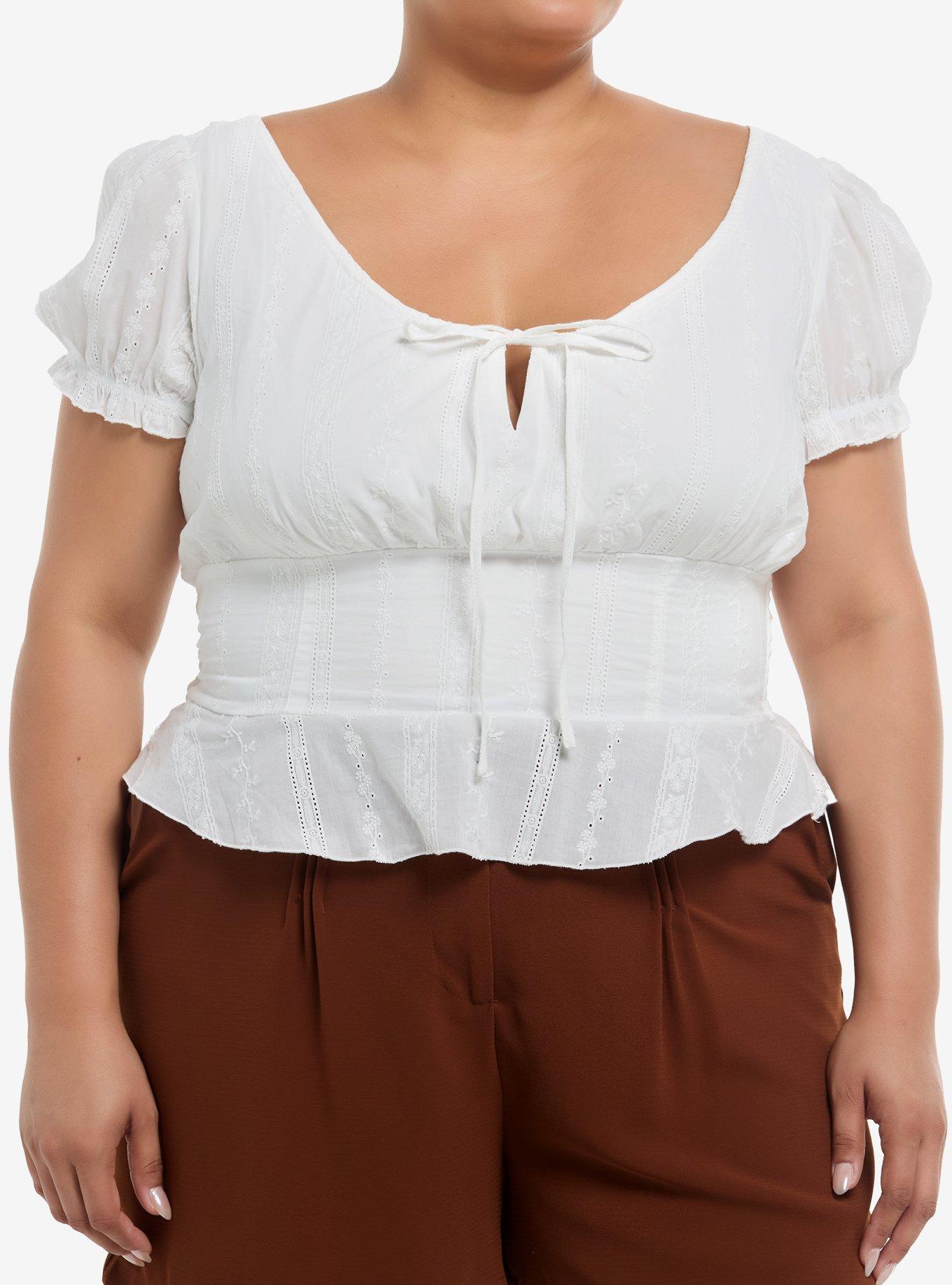 Thorn & Fable White Eyelet Puff-Sleeve Girls Crop Top Plus Size, , hi-res