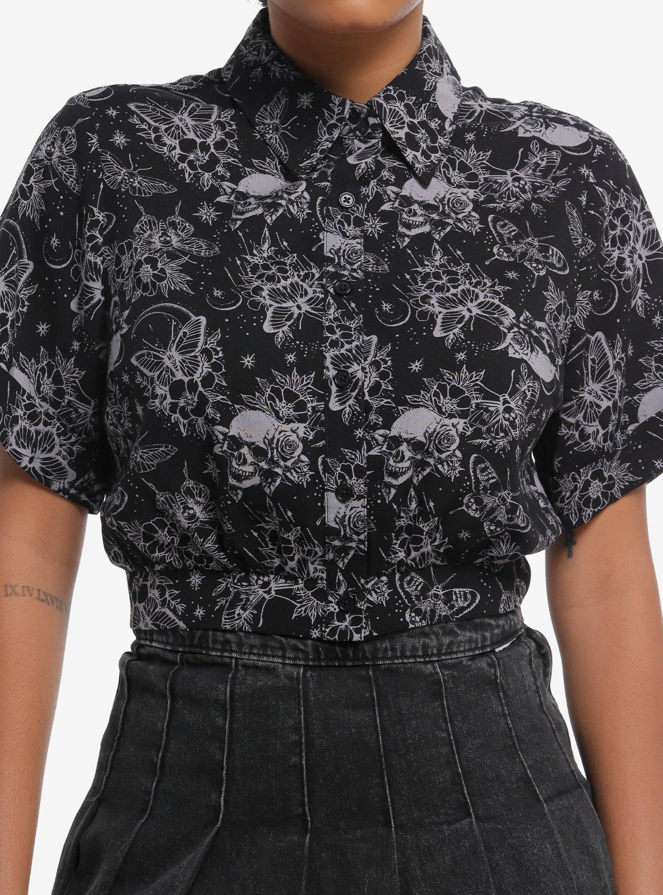 Cosmic Aura Moth & Dark Flowers Girls Crop Woven Button-Up, , hi-res