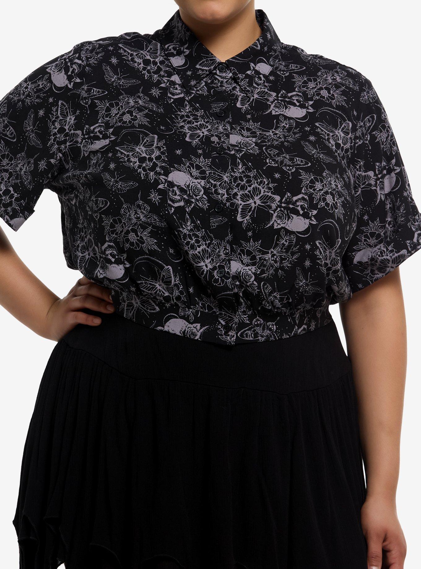 Cosmic Aura Moth & Dark Flowers Girls Crop Woven Button-Up Plus Size, , hi-res