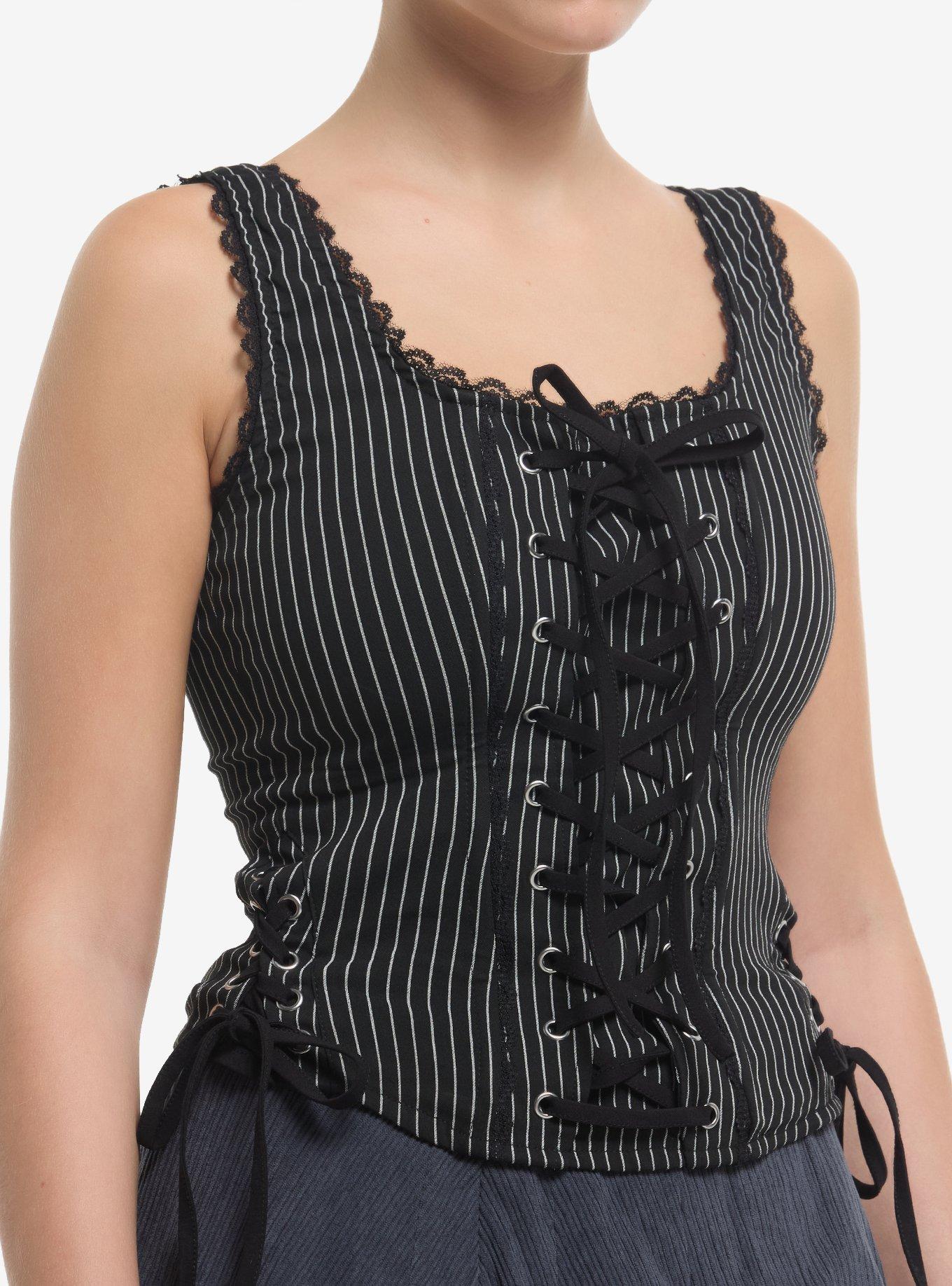 Black & White Pinstripe Lace-Up Corset, , hi-res